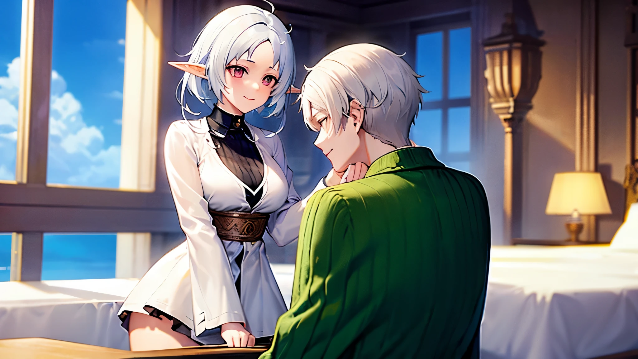 a cute character with a shy smile named Sylphie with elf-like ears and white short hair, she is wearing a black goggles. The character is wearing a white long-sleeve shirt and a brown skirt, is sitted on a chair amidst a serene and beautifully illuminated room. Mushoku Tensei. anime style masterpiece.