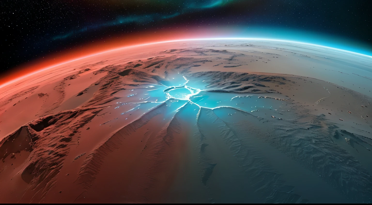 A luminously shimmering Borealis Basin on Mars, shines amidst the desolate red planet. This unique celestial feature, visible through telescopes, is created by the reflection of sunlight off the southern polar ice cap. In a stunning photograph capturing this phenomenon, the Basin appears ethereal and otherworldly, with a palette of icy blues and glistening whites. The image showcases a mesmerizing blend of vibrant light and stark Martian landscape, inviting viewers to marvel at the beauty of the universe.