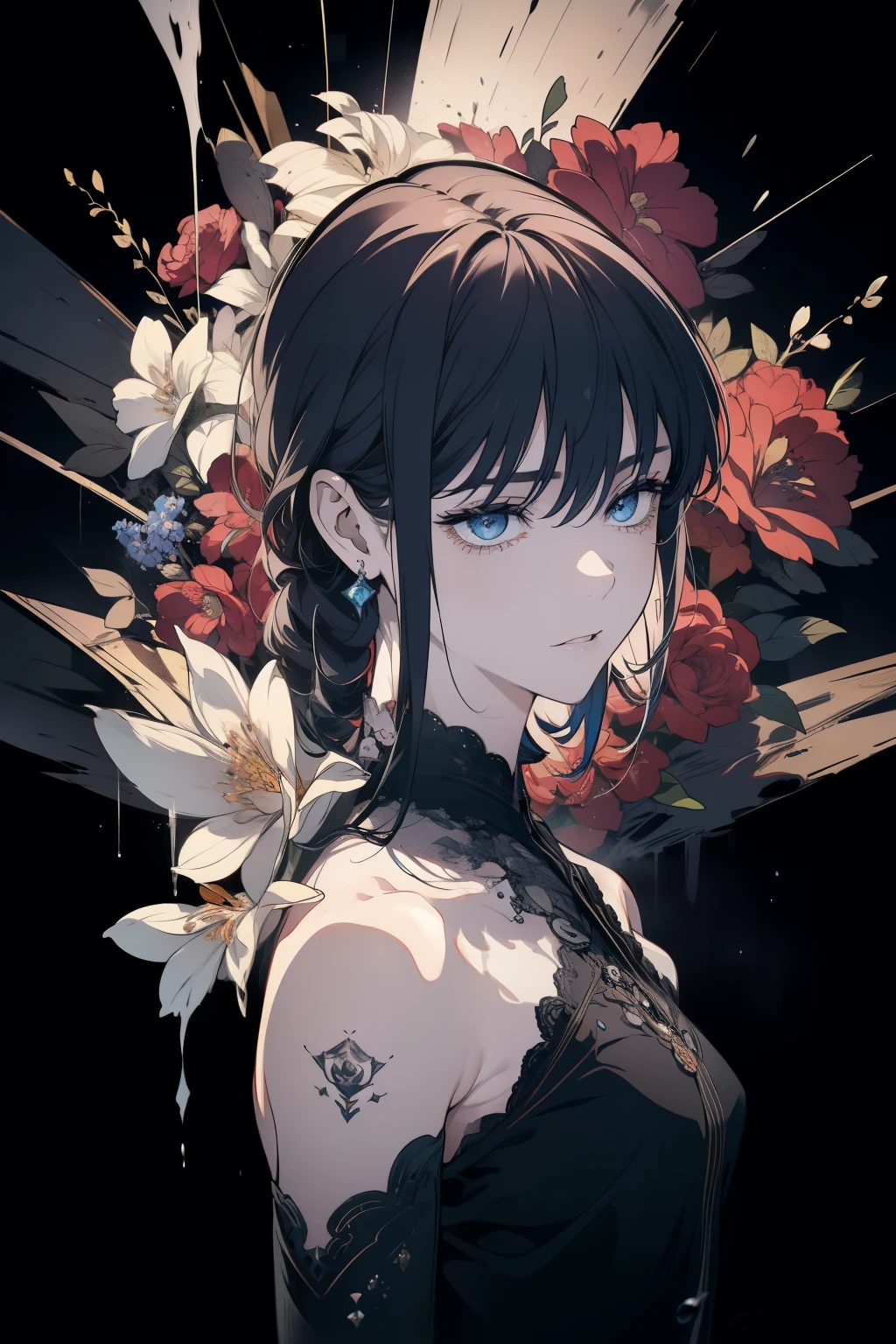 masterpiece,best quality,ultra-detailed,2girl,solo,crow,upper body,dark style,black hair ,horror theme, nude,showing bare small butt