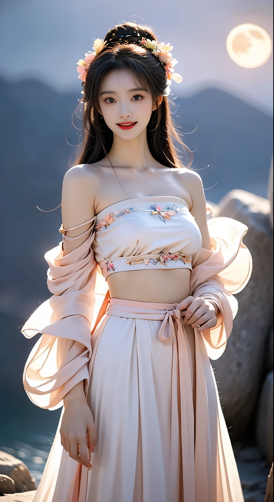 hanfu-song, hanfu, song theme, bandeau, tube top, ((bare shoulders)), ((whole body)), actual, Fashion girl, red lips, mature women, cosmetic, big eyes, beautiful eyes, ((whole body)), ((from below)), (best quality, masterpiece:1.2), super detailed, (actual:1.37), ((Sexy long legs)), beautiful, young and energetic, Charming model with, big breasts, split, (exquisite eyes, Detailed lips, extremely exquisite eyes), Show a bright smile, Create stunning girl images, warm color, Extremely high color saturation, official art, Extremely detailed CG unified 8k wallpaper,(high dynamic range :1.4), (cinematic),(pastel colors, The color is dull, soothing tone :1.3), (natural skin texture, ultra-actual, soft light, sharp),(Very detailed), night, moonlight, ((in the mountains, plant, Leaning against the rocks))