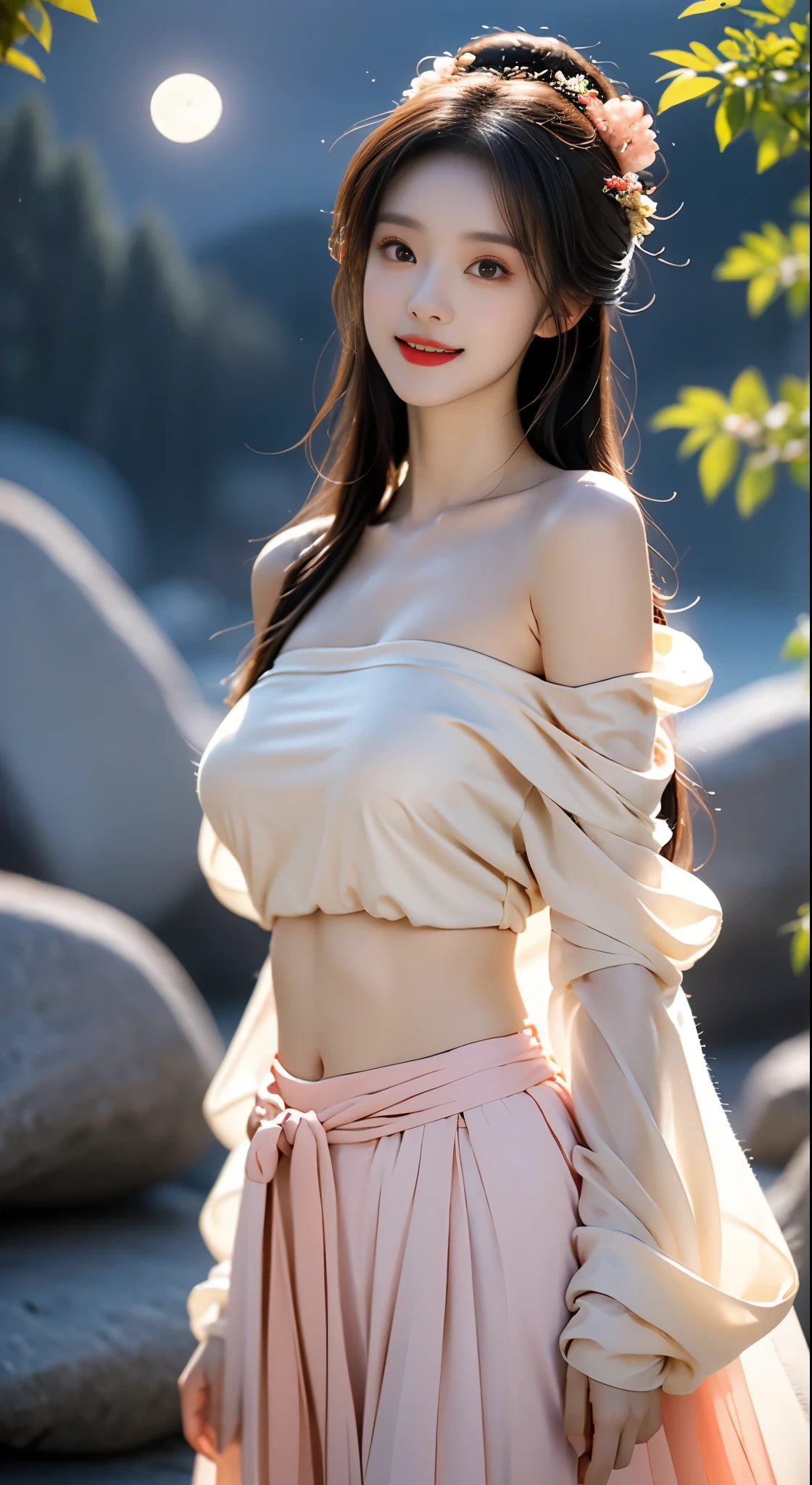 hanfu-song, hanfu, song theme, bandeau, tube top, ((bare shoulders)), ((whole body)), actual, Fashion girl, red lips, mature women, cosmetic, big eyes, beautiful eyes, ((whole body)), ((from below)), (best quality, masterpiece:1.2), super detailed, (actual:1.37), ((Sexy long legs)), beautiful, young and energetic, Charming model with, big breasts, split, (exquisite eyes, Detailed lips, extremely exquisite eyes), Show a bright smile, Create stunning girl images, warm color, Extremely high color saturation, official art, Extremely detailed CG unified 8k wallpaper,(high dynamic range :1.4), (cinematic),(pastel colors, The color is dull, soothing tone :1.3), (natural skin texture, ultra-actual, soft light, sharp),(Very detailed), night, moonlight, ((in the mountains, plant, Leaning against the rocks))