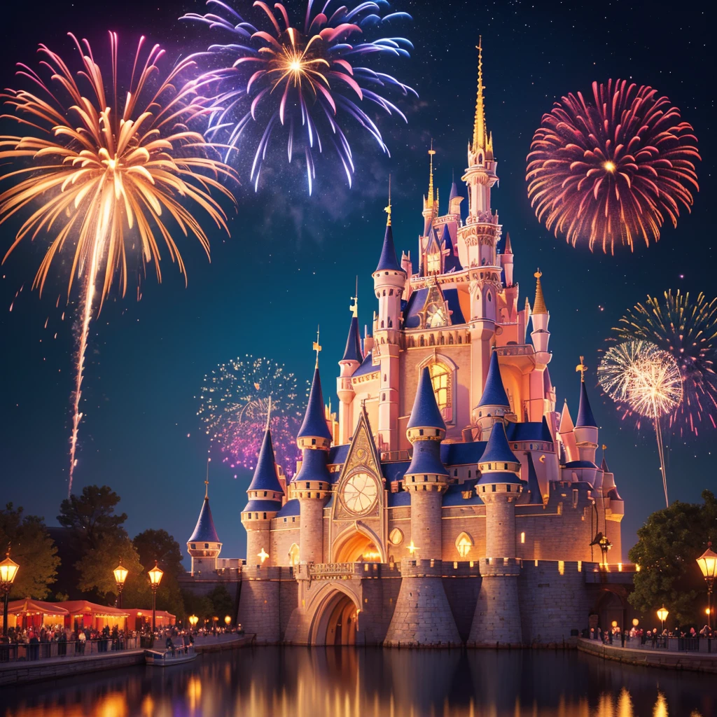 (best quality,4k,8k,highres,masterpiece:1.2),ultra-detailed,(realistic,photorealistic,photo-realistic:1.37),Disney Land at night,sparkling and colorful fireworks in the sky,beautifully illuminated castle in the center,a magical atmosphere all around,joyful atmosphere,people wearing Mickey Mouse ears,giant Ferris wheel spinning slowly,children laughing and running around,delicious aroma of popcorn and cotton candy,lively music playing in the background,impressive reflection of fireworks on the water,fairy tale characters walking and interacting with visitors,enchanting light projections on buildings,dazzling light show on the castle walls,vivid colors and stunning visual effects,thrilling roller coasters and rides,glowing neon signs and signage,night sky filled with twinkling stars and moon,cheerful and excited crowd,enchanting blend of fantasy and reality,brilliantly lit trees and gardens,impeccable attention to detail in every corner,a magical experience that fills hearts with joy and wonder.