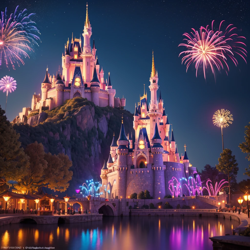 (best quality,4k,8k,highres,masterpiece:1.2),ultra-detailed,(realistic,photorealistic,photo-realistic:1.37),Disney Land at night,sparkling and colorful fireworks in the sky,beautifully illuminated castle in the center,a magical atmosphere all around,joyful atmosphere,people wearing Mickey Mouse ears,giant Ferris wheel spinning slowly,children laughing and running around,delicious aroma of popcorn and cotton candy,lively music playing in the background,impressive reflection of fireworks on the water,fairy tale characters walking and interacting with visitors,enchanting light projections on buildings,dazzling light show on the castle walls,vivid colors and stunning visual effects,thrilling roller coasters and rides,glowing neon signs and signage,night sky filled with twinkling stars and moon,cheerful and excited crowd,enchanting blend of fantasy and reality,brilliantly lit trees and gardens,impeccable attention to detail in every corner,a magical experience that fills hearts with joy and wonder.