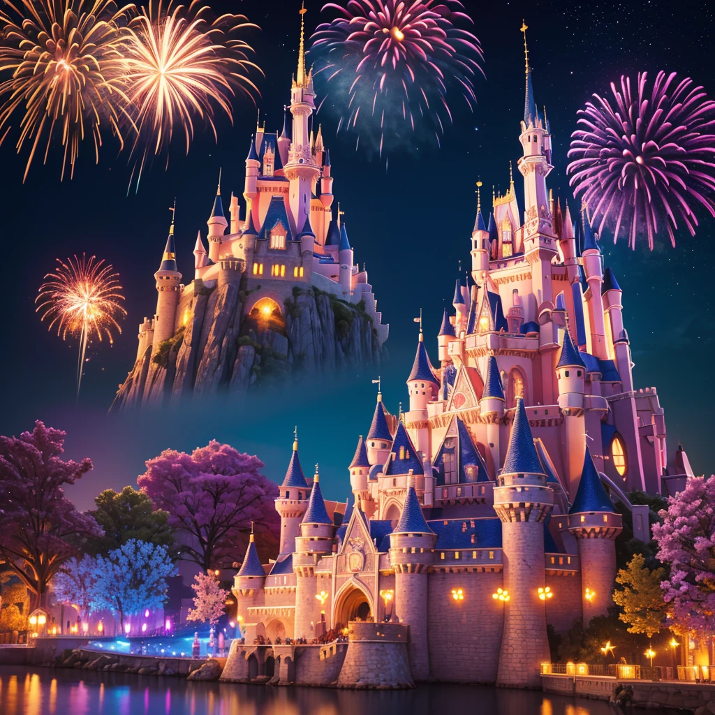 (best quality,4k,8k,highres,masterpiece:1.2),ultra-detailed,(realistic,photorealistic,photo-realistic:1.37),Disney Land at night,sparkling and colorful fireworks in the sky,beautifully illuminated castle in the center,a magical atmosphere all around,joyful atmosphere,people wearing Mickey Mouse ears,giant Ferris wheel spinning slowly,children laughing and running around,delicious aroma of popcorn and cotton candy,lively music playing in the background,impressive reflection of fireworks on the water,fairy tale characters walking and interacting with visitors,enchanting light projections on buildings,dazzling light show on the castle walls,vivid colors and stunning visual effects,thrilling roller coasters and rides,glowing neon signs and signage,night sky filled with twinkling stars and moon,cheerful and excited crowd,enchanting blend of fantasy and reality,brilliantly lit trees and gardens,impeccable attention to detail in every corner,a magical experience that fills hearts with joy and wonder.