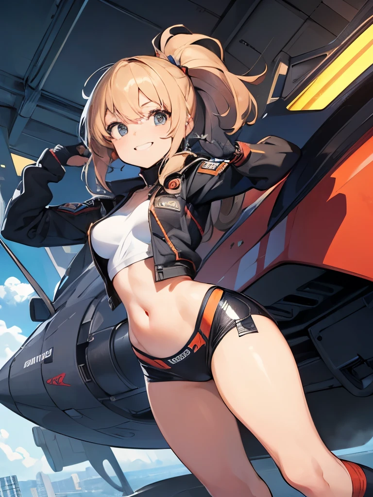 ((masterpiece)), ((best quality)), ((ultra-detailed)), 1girl, pilot suit, covered navel, dynamic pose, smile, dynamic angle,