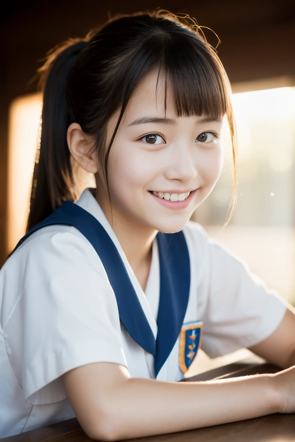 Lens 135mm f1.8, (highest quality),(RAW photo), (table top:1.1), (Beautiful 12 year old Japanese girl), cute face, (deeply carved face:0.7), (freckles:0.6), dappled sunlight, dramatic lighting, (japanese school uniform), (inside the school), shy, ponytail, (Close-up shots of:1.2), (smile),, (sparkling eyes)、(sunlight),