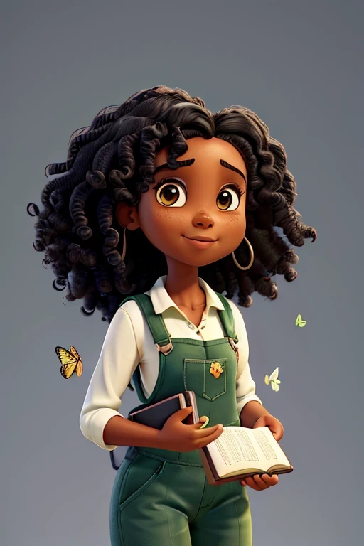 black woman curly hair black eyes wearing green overalls white blouse with butterflies holding an open book in her hands white background