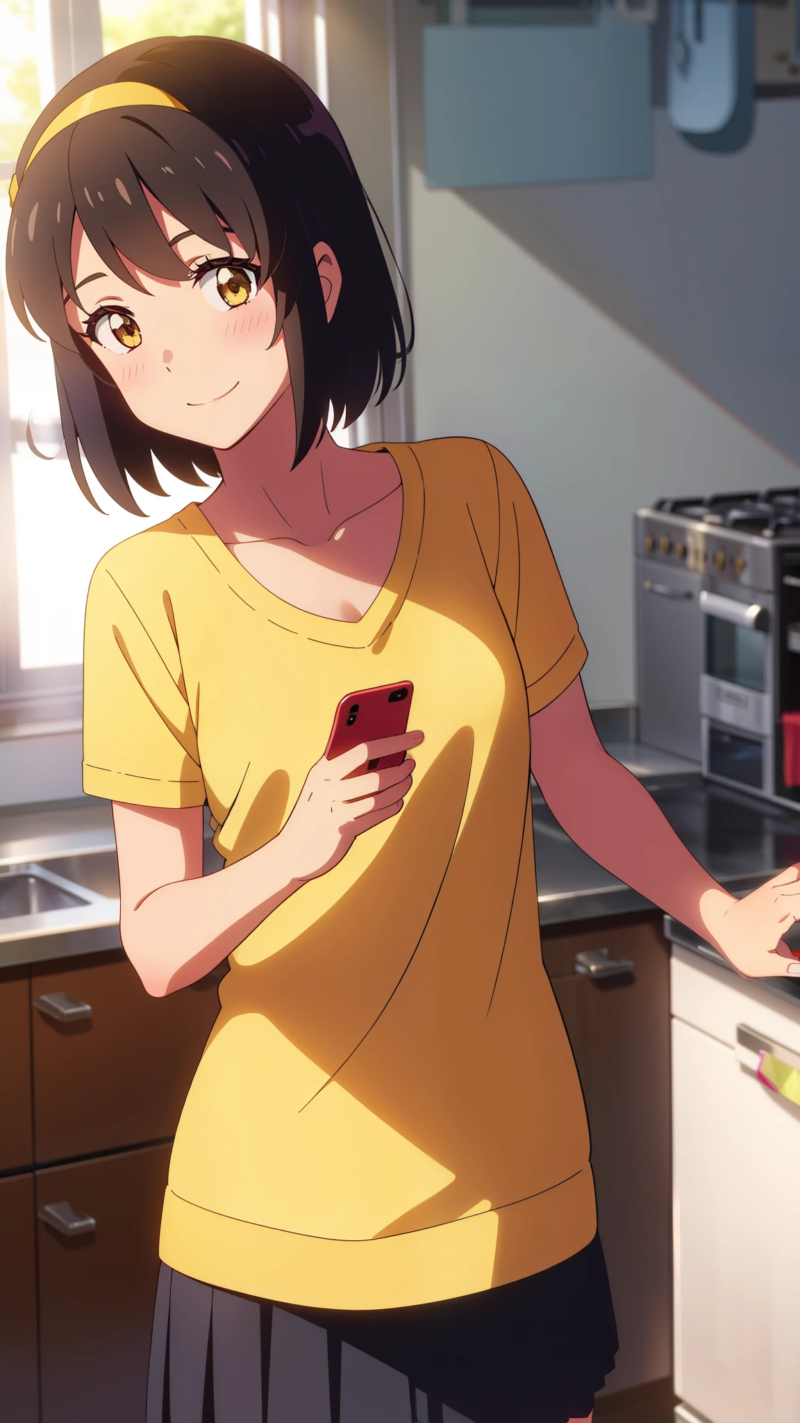 shinkai makoto, kimi no na wa., 1girl, bangs, black hair, blush, bright eyes, brown eyes, red headband, red bow, red ribbon, short hair, smile, cute, beautiful, shiny skin, looking at the viewer, solo, happy, collarbone, yellow shirt, short sleeves, skirt, pleated skirt, kitchen room, kitchen, foods, iphone, hold the cell phone