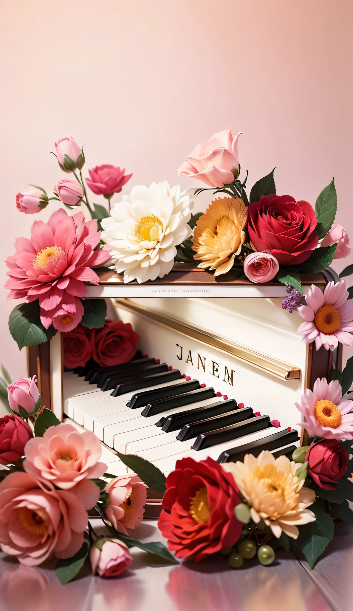 there is a picture of a piano with flowers around it, promo art, pianos, official artwork, piano, award-winning composition, real pianos, achingly beautiful, full piano, promo photo, exquisite fine details, inspired by Johann George Schmidt, nice composition, album art, award winning composition, excellent composition, high quality product photography, romantic ambiente, promo shot