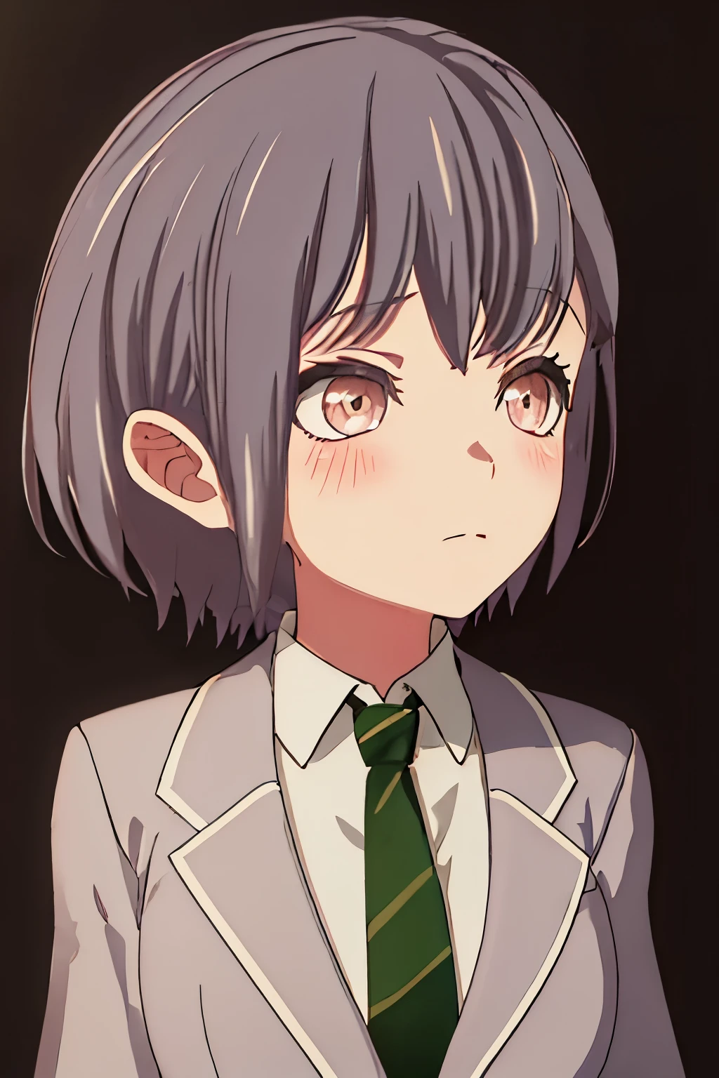 best quality, masterpiece, highres, solo, {takamatsu_tomori_bangdreamitsmygo:1.15}, short_hair, blush, bangs, necktie, blazer, upper_body, brown_eyes, black_hair, 1girl, black_background, collarbone, portrait, simple_background, purple_hair, closed_mouth