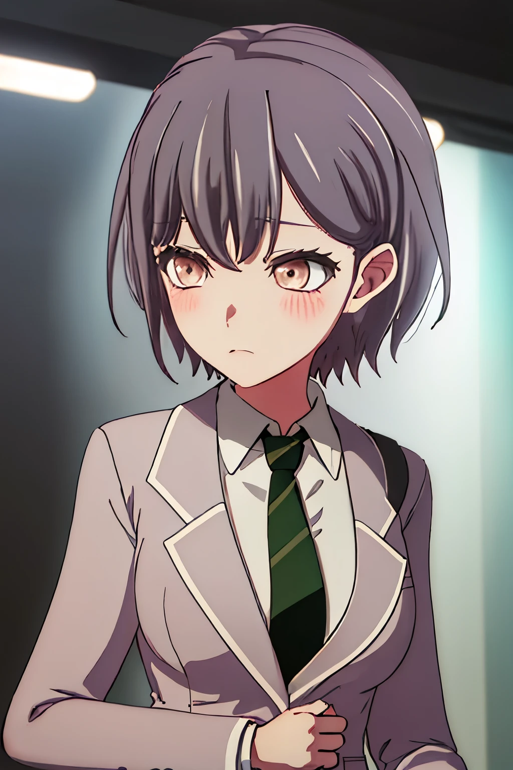 best quality, masterpiece, highres, solo, {takamatsu_tomori_bangdreamitsmygo:1.15}, short_hair, blush, bangs, necktie, blazer, upper_body, brown_eyes, black_hair, 1girl, black_background, collarbone, portrait, simple_background, purple_hair, closed_mouth