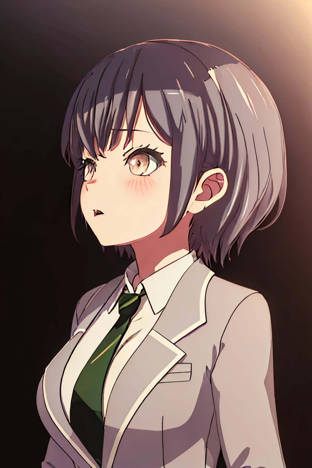 best quality, masterpiece, highres, solo, {takamatsu_tomori_bangdreamitsmygo:1.15}, short_hair, blush, bangs, necktie, blazer, upper_body, brown_eyes, black_hair, 1girl, black_background, collarbone, portrait, simple_background, purple_hair, closed_mouth