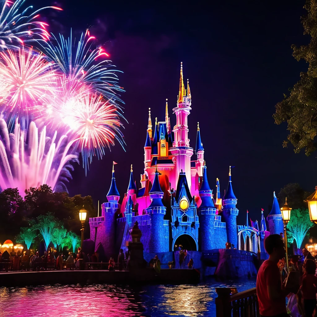 (best quality,4k,8k,highres,masterpiece:1.2),ultra-detailed,(realistic,photorealistic,photo-realistic:1.37),Disney Land at night,sparkling and colorful fireworks in the sky,beautifully illuminated castle in the center,a magical atmosphere all around,joyful atmosphere,people wearing Mickey Mouse ears,giant Ferris wheel spinning slowly,children laughing and running around,delicious aroma of popcorn and cotton candy,lively music playing in the background,impressive reflection of fireworks on the water,fairy tale characters walking and interacting with visitors,enchanting light projections on buildings,dazzling light show on the castle walls,vivid colors and stunning visual effects,thrilling roller coasters and rides,glowing neon signs and signage,night sky filled with twinkling stars and moon,cheerful and excited crowd,enchanting blend of fantasy and reality,brilliantly lit trees and gardens,impeccable attention to detail in every corner,a magical experience that fills hearts with joy and wonder.