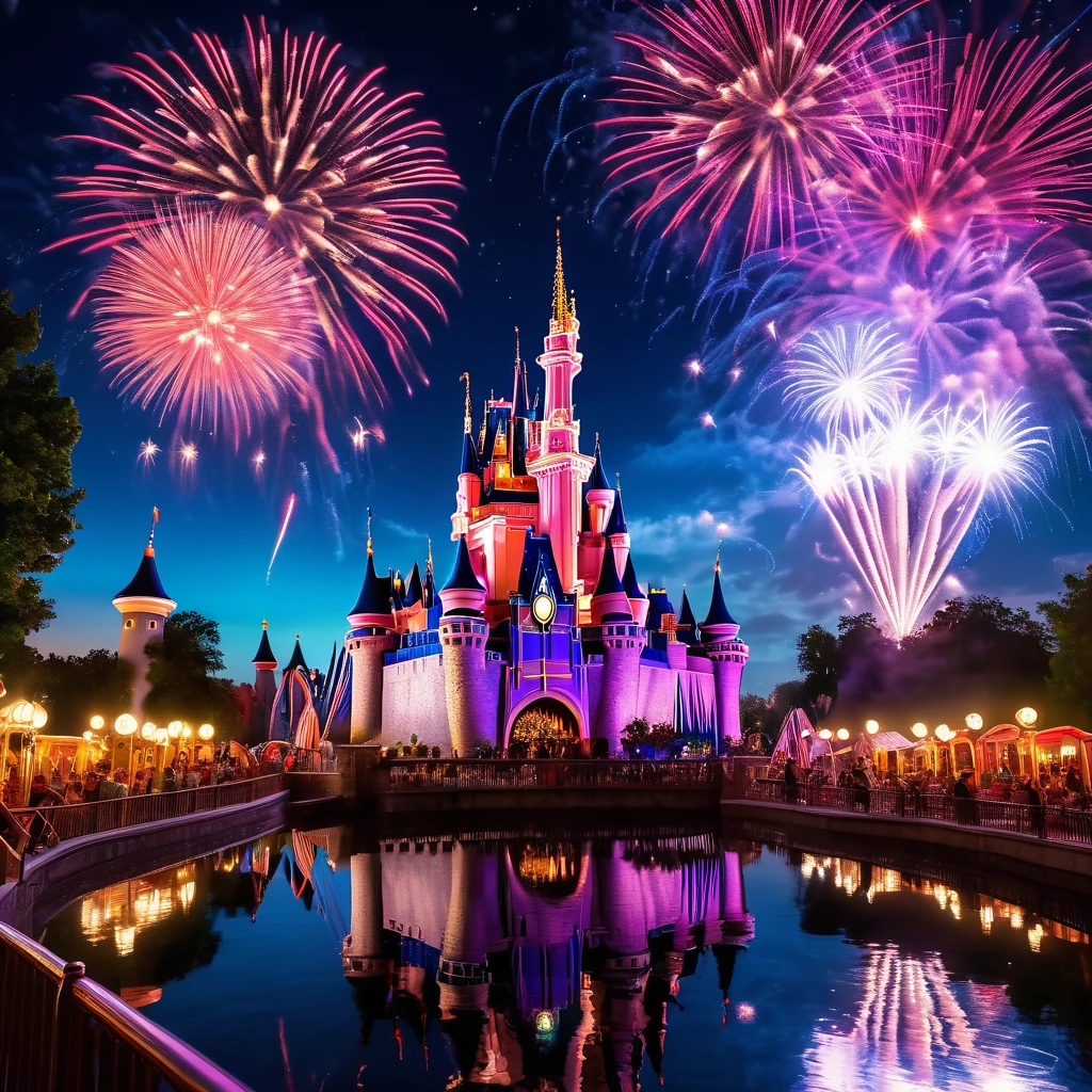 (Tyndall Effect) Disney Land with fireworks at night