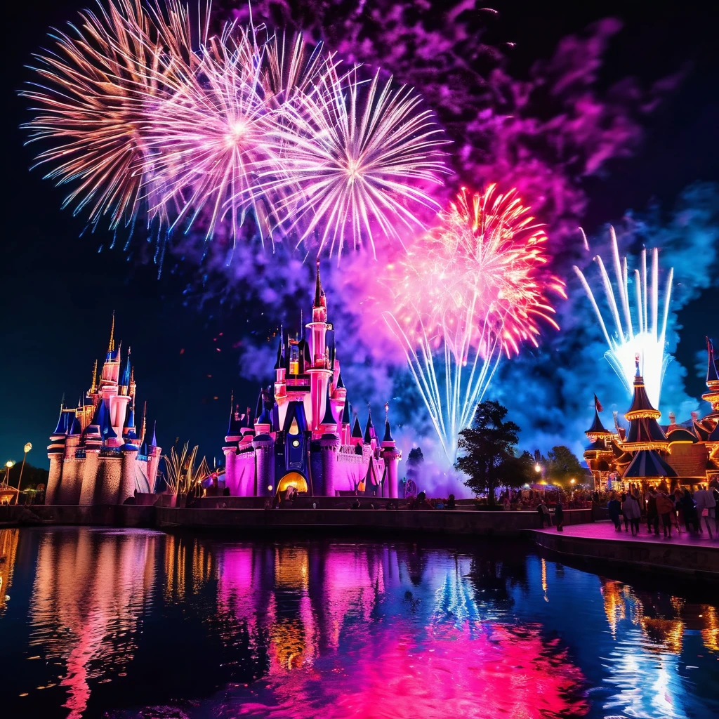 (best quality,4k,8k,highres,masterpiece:1.2),ultra-detailed,(realistic,photorealistic,photo-realistic:1.37),Disney Land at night,sparkling and colorful fireworks in the sky,beautifully illuminated castle in the center,a magical atmosphere all around,joyful atmosphere,people wearing Mickey Mouse ears,giant Ferris wheel spinning slowly,children laughing and running around,delicious aroma of popcorn and cotton candy,lively music playing in the background,impressive reflection of fireworks on the water,fairy tale characters walking and interacting with visitors,enchanting light projections on buildings,dazzling light show on the castle walls,vivid colors and stunning visual effects,thrilling roller coasters and rides,glowing neon signs and signage,night sky filled with twinkling stars and moon,cheerful and excited crowd,enchanting blend of fantasy and reality,brilliantly lit trees and gardens,impeccable attention to detail in every corner,a magical experience that fills hearts with joy and wonder.
