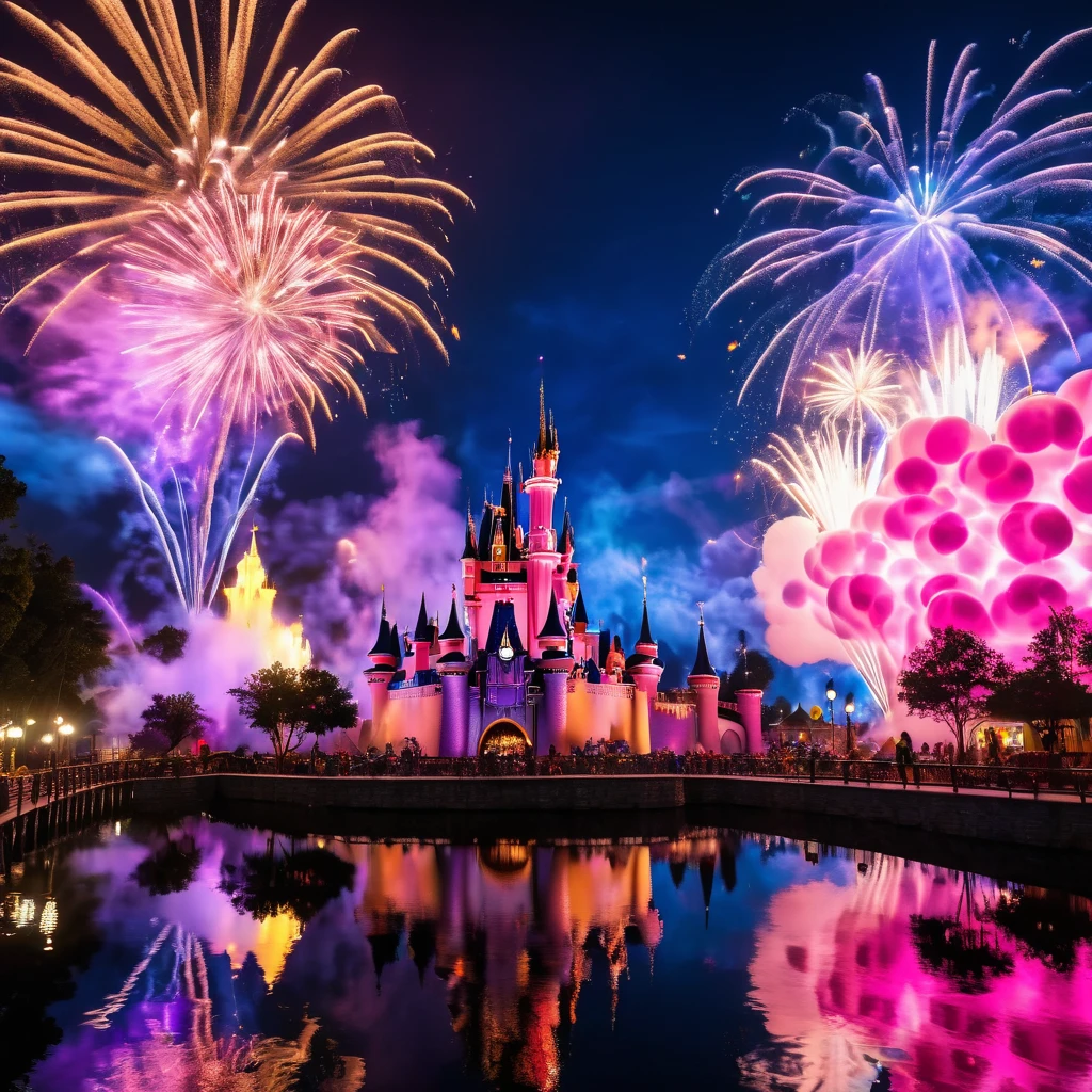 (best quality,4k,8k,highres,masterpiece:1.2),ultra-detailed,(realistic,photorealistic,photo-realistic:1.37),Disney Land at night,sparkling and colorful fireworks in the sky,beautifully illuminated castle in the center,a magical atmosphere all around,joyful atmosphere,people wearing Mickey Mouse ears,giant Ferris wheel spinning slowly,children laughing and running around,delicious aroma of popcorn and cotton candy,lively music playing in the background,impressive reflection of fireworks on the water,fairy tale characters walking and interacting with visitors,enchanting light projections on buildings,dazzling light show on the castle walls,vivid colors and stunning visual effects,thrilling roller coasters and rides,glowing neon signs and signage,night sky filled with twinkling stars and moon,cheerful and excited crowd,enchanting blend of fantasy and reality,brilliantly lit trees and gardens,impeccable attention to detail in every corner,a magical experience that fills hearts with joy and wonder.