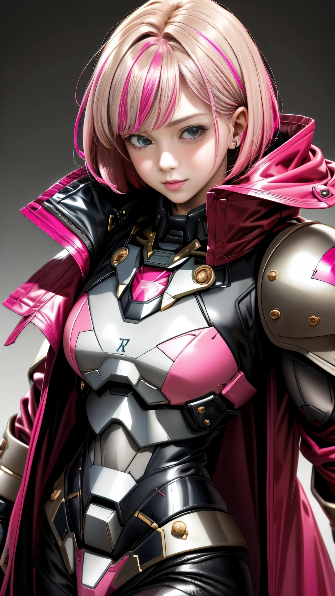 Realistic Red Sotheby Girl Photo,short bob cut,Her hair color is bright pink and has a gradation with blonde.,cool look,background is gray,Coat of arms of the Principality of Zeon,The 16-year-old daughter of Hamankarn and Char Aznable.,