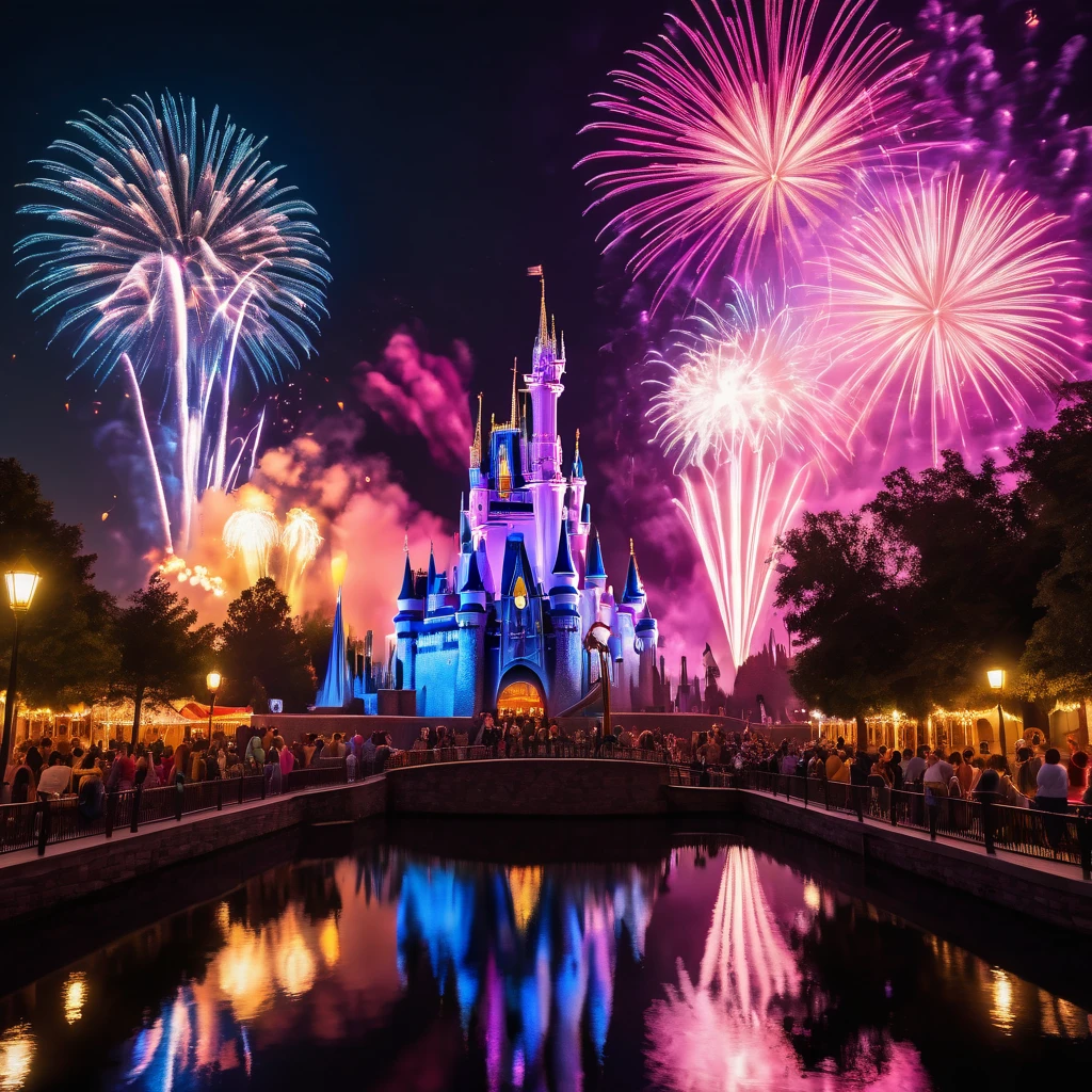 (best quality,4k,8k,highres,masterpiece:1.2),ultra-detailed,(realistic,photorealistic,photo-realistic:1.37),Disney Land at night,sparkling and colorful fireworks in the sky,beautifully illuminated castle in the center,a magical atmosphere all around,joyful atmosphere,people wearing Mickey Mouse ears,giant Ferris wheel spinning slowly,children laughing and running around,delicious aroma of popcorn and cotton candy,lively music playing in the background,impressive reflection of fireworks on the water,fairy tale characters walking and interacting with visitors,enchanting light projections on buildings,dazzling light show on the castle walls,vivid colors and stunning visual effects,thrilling roller coasters and rides,glowing neon signs and signage,night sky filled with twinkling stars and moon,cheerful and excited crowd,enchanting blend of fantasy and reality,brilliantly lit trees and gardens,impeccable attention to detail in every corner,a magical experience that fills hearts with joy and wonder.