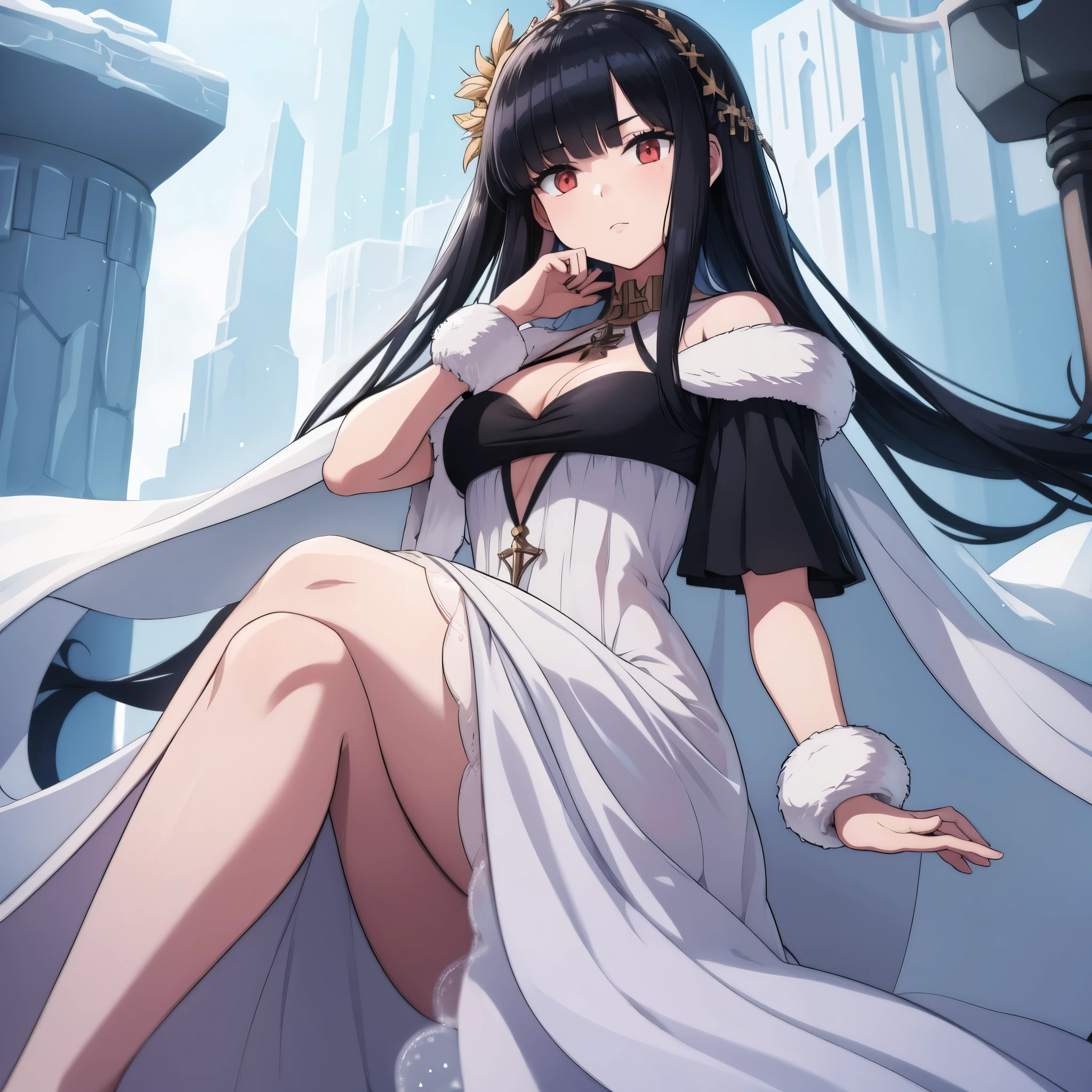 a girl with black hair, red eyes, wearing a cold detailed white dress, outside an ice castle