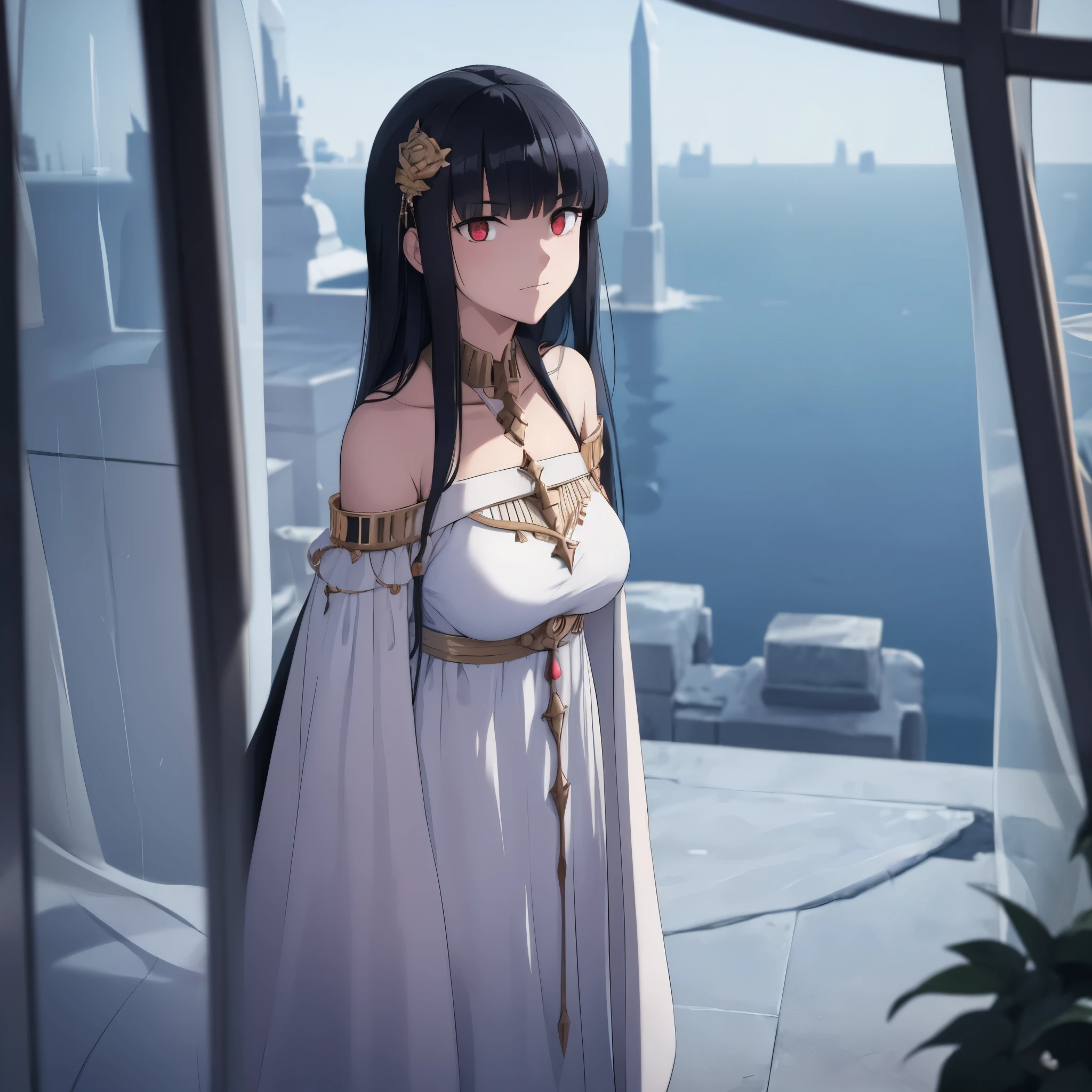 a girl with black hair, red eyes, wearing a cold detailed white dress, outside an ice castle
