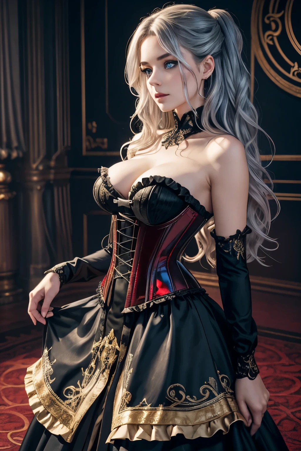 best quality, 32k, RAW photo, beautiful woman, blue eyes, amorous and lewd expression, iridescent silver two side up messy wavy hair, incredibly absurdres, extremely detailed, delicate texture, wearing (elegant gothic dress, gold embroidery on red background, corset and frilled long skirt), hands behind back, background black dark fantasy, magic circle on the floor, gold dust pouring down