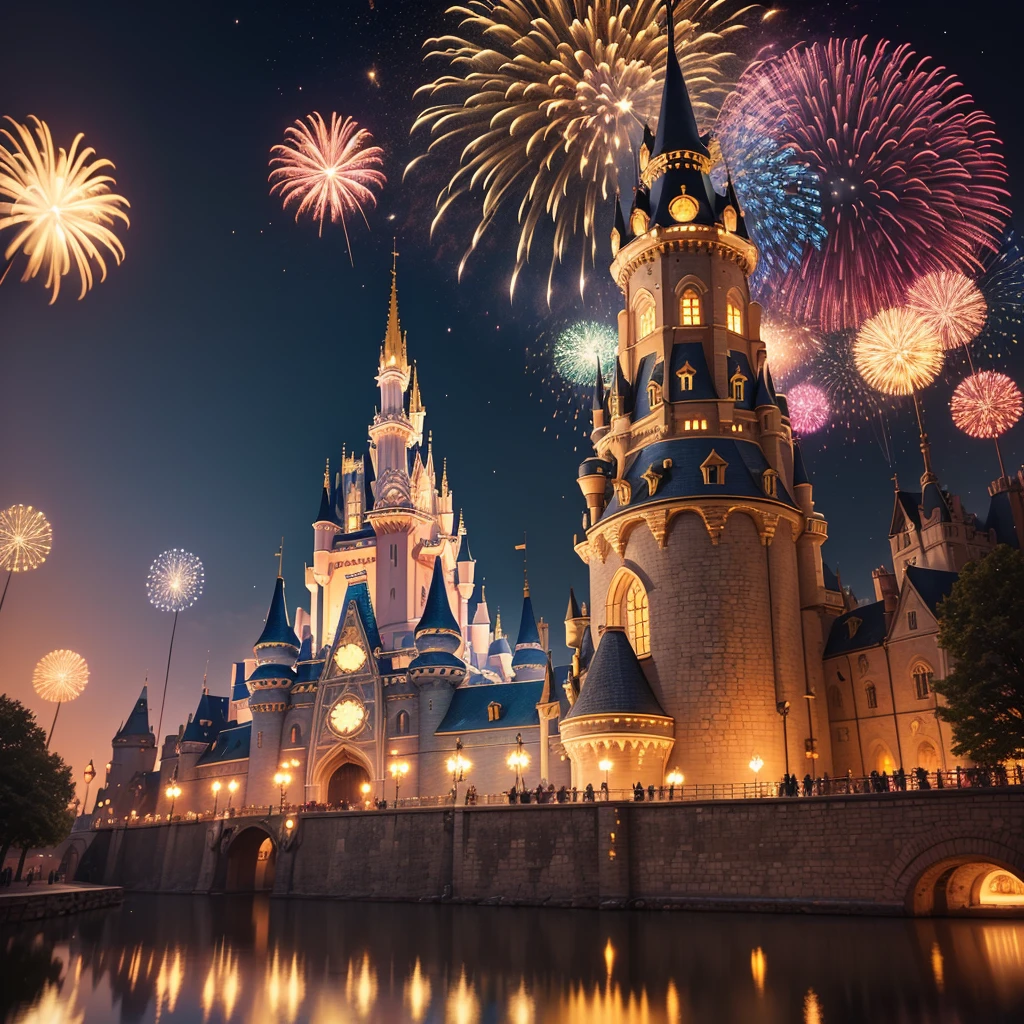 (best quality,4k,8k,highres,masterpiece:1.2),ultra-detailed,(realistic,photorealistic,photo-realistic:1.37),Disney Land at night,sparkling and colorful fireworks in the sky,beautifully illuminated castle in the center,a magical atmosphere all around,joyful atmosphere,people wearing Mickey Mouse ears,giant Ferris wheel spinning slowly,children laughing and running around,delicious aroma of popcorn and cotton candy,lively music playing in the background,impressive reflection of fireworks on the water,fairy tale characters walking and interacting with visitors,enchanting light projections on buildings,dazzling light show on the castle walls,vivid colors and stunning visual effects,thrilling roller coasters and rides,glowing neon signs and signage,night sky filled with twinkling stars and moon,cheerful and excited crowd,enchanting blend of fantasy and reality,brilliantly lit trees and gardens,impeccable attention to detail in every corner,a magical experience that fills hearts with joy and wonder.
