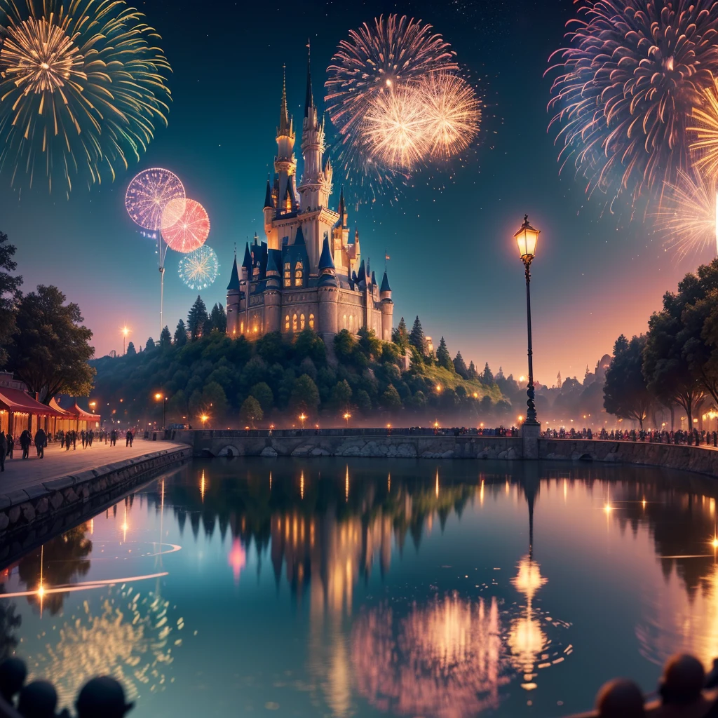 (best quality,4k,8k,highres,masterpiece:1.2),ultra-detailed,(realistic,photorealistic,photo-realistic:1.37),Disney Land at night,sparkling and colorful fireworks in the sky,beautifully illuminated castle in the center,a magical atmosphere all around,joyful atmosphere,people wearing Mickey Mouse ears,giant Ferris wheel spinning slowly,children laughing and running around,delicious aroma of popcorn and cotton candy,lively music playing in the background,impressive reflection of fireworks on the water,fairy tale characters walking and interacting with visitors,enchanting light projections on buildings,dazzling light show on the castle walls,vivid colors and stunning visual effects,thrilling roller coasters and rides,glowing neon signs and signage,night sky filled with twinkling stars and moon,cheerful and excited crowd,enchanting blend of fantasy and reality,brilliantly lit trees and gardens,impeccable attention to detail in every corner,a magical experience that fills hearts with joy and wonder.