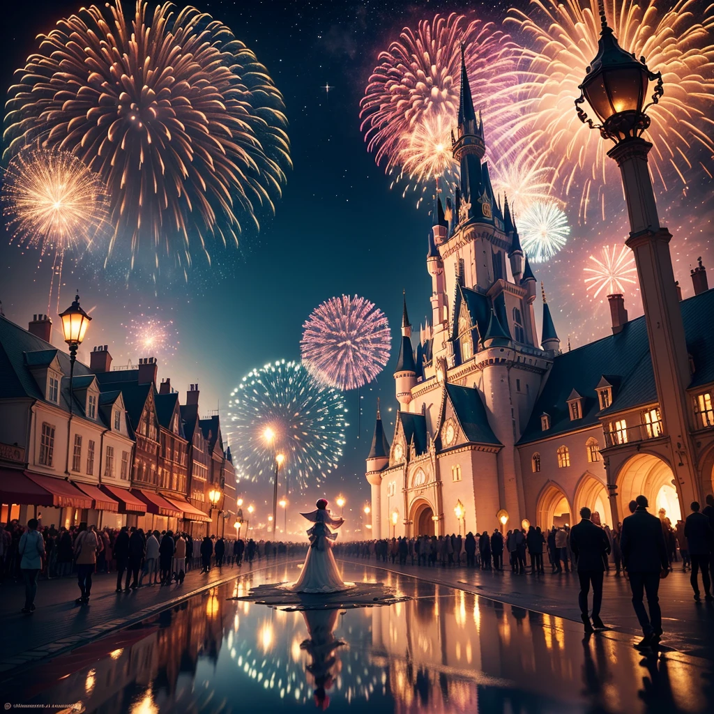 (best quality,4k,8k,highres,masterpiece:1.2),ultra-detailed,(realistic,photorealistic,photo-realistic:1.37),Disney Land at night,sparkling and colorful fireworks in the sky,beautifully illuminated castle in the center,a magical atmosphere all around,joyful atmosphere,people wearing Mickey Mouse ears,giant Ferris wheel spinning slowly,children laughing and running around,delicious aroma of popcorn and cotton candy,lively music playing in the background,impressive reflection of fireworks on the water,fairy tale characters walking and interacting with visitors,enchanting light projections on buildings,dazzling light show on the castle walls,vivid colors and stunning visual effects,thrilling roller coasters and rides,glowing neon signs and signage,night sky filled with twinkling stars and moon,cheerful and excited crowd,enchanting blend of fantasy and reality,brilliantly lit trees and gardens,impeccable attention to detail in every corner,a magical experience that fills hearts with joy and wonder.