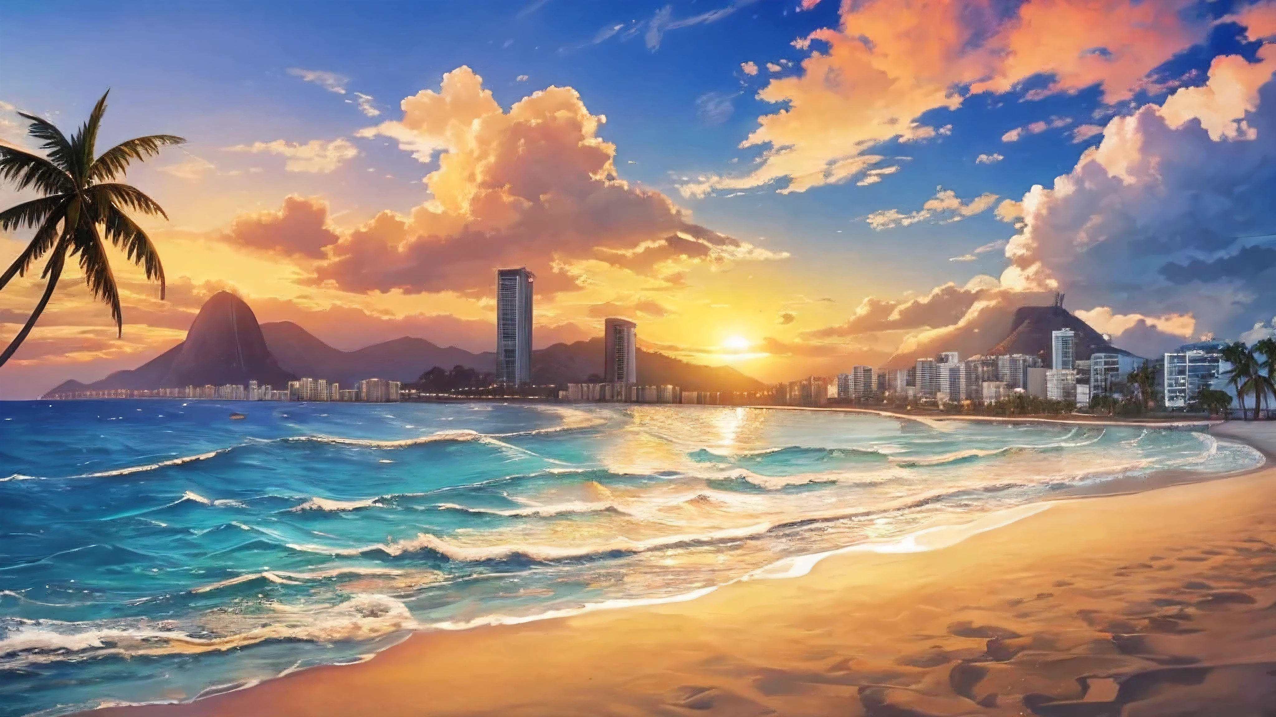 High resolution, clear image, nature, Ocean, beach, gentle waves, sandy beach, Palm tree, building, sun, sunrise, rio de janeiro,