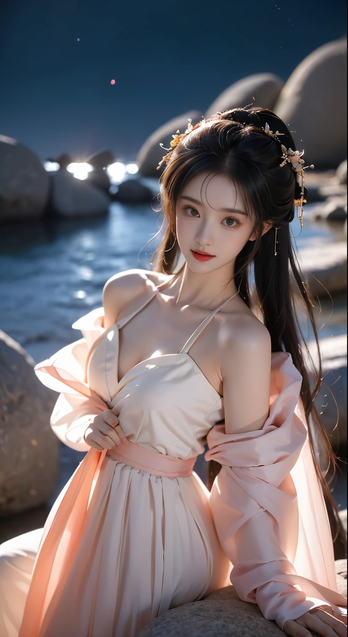 hanfu-song, hanfu, song theme, bandeau, tube top, ((bare shoulders)), ((whole body)), actual, Fashion girl, red lips, mature women, cosmetic, big eyes, beautiful eyes, ((whole body)), ((from below)), (best quality, masterpiece:1.2), super detailed, (actual:1.37), ((Sexy long legs)), beautiful, young and energetic, Charming model with, big breasts, split, (exquisite eyes, Detailed lips, extremely exquisite eyes), Show a bright smile, Create stunning girl images, warm color, Extremely high color saturation, official art, Extremely detailed CG unified 8k wallpaper,(high dynamic range :1.4), (cinematic),(pastel colors, The color is dull, soothing tone :1.3), (natural skin texture, ultra-actual, soft light, sharp),(Very detailed), night, moonlight, ((in the mountains, plant, Leaning against the rocks))