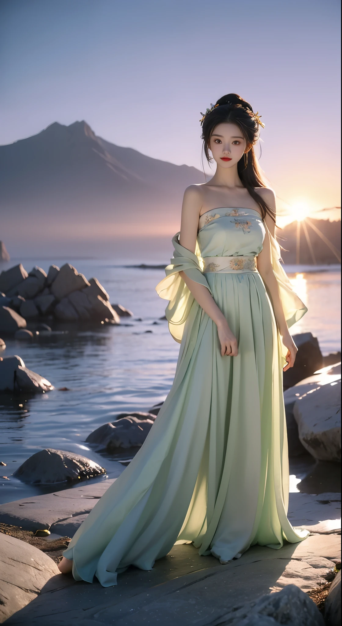 hanfu-song, hanfu, song theme, bandeau, tube top, ((bare shoulders)), ((whole body)), actual, Fashion girl, red lips, mature women, cosmetic, big eyes, beautiful eyes, ((whole body)), ((from below)), (best quality, masterpiece:1.2), super detailed, (actual:1.37), ((Sexy long legs)), beautiful, young and energetic, Charming model with, big breasts, split, (exquisite eyes, Detailed lips, extremely exquisite eyes), Show a bright smile, Create stunning girl images, warm color, Extremely high color saturation, official art, Extremely detailed CG unified 8k wallpaper,(high dynamic range :1.4), (cinematic),(pastel colors, The color is dull, soothing tone :1.3), (natural skin texture, ultra-actual, soft light, sharp),(Very detailed), night, moonlight, ((in the mountains, plant, Leaning against the rocks))