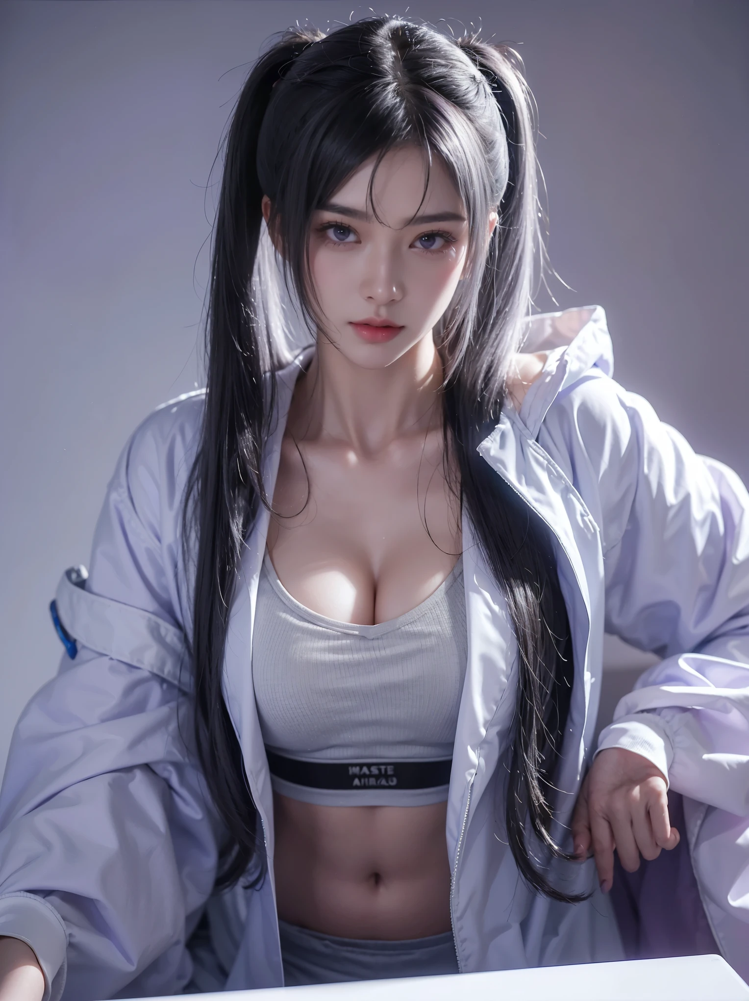 master piece,highest quality,High resolution,8k,(portrait),close-up of head,original photo,digital photography,(science fiction style female scientist),20 year old girl,long ponytail hairstyle,by bangs,(purple eyes),(gray hair),plump breasts,cleavage,Elegant and noble,serious and uninterested,Open lab coat,I like black suspenders,Rich details,please keep your mouth shut,expose the navel,intricate decoration,cyberpunk futuristic style,(Female Scholar),photo pose,white background,oc rendering reflection texture