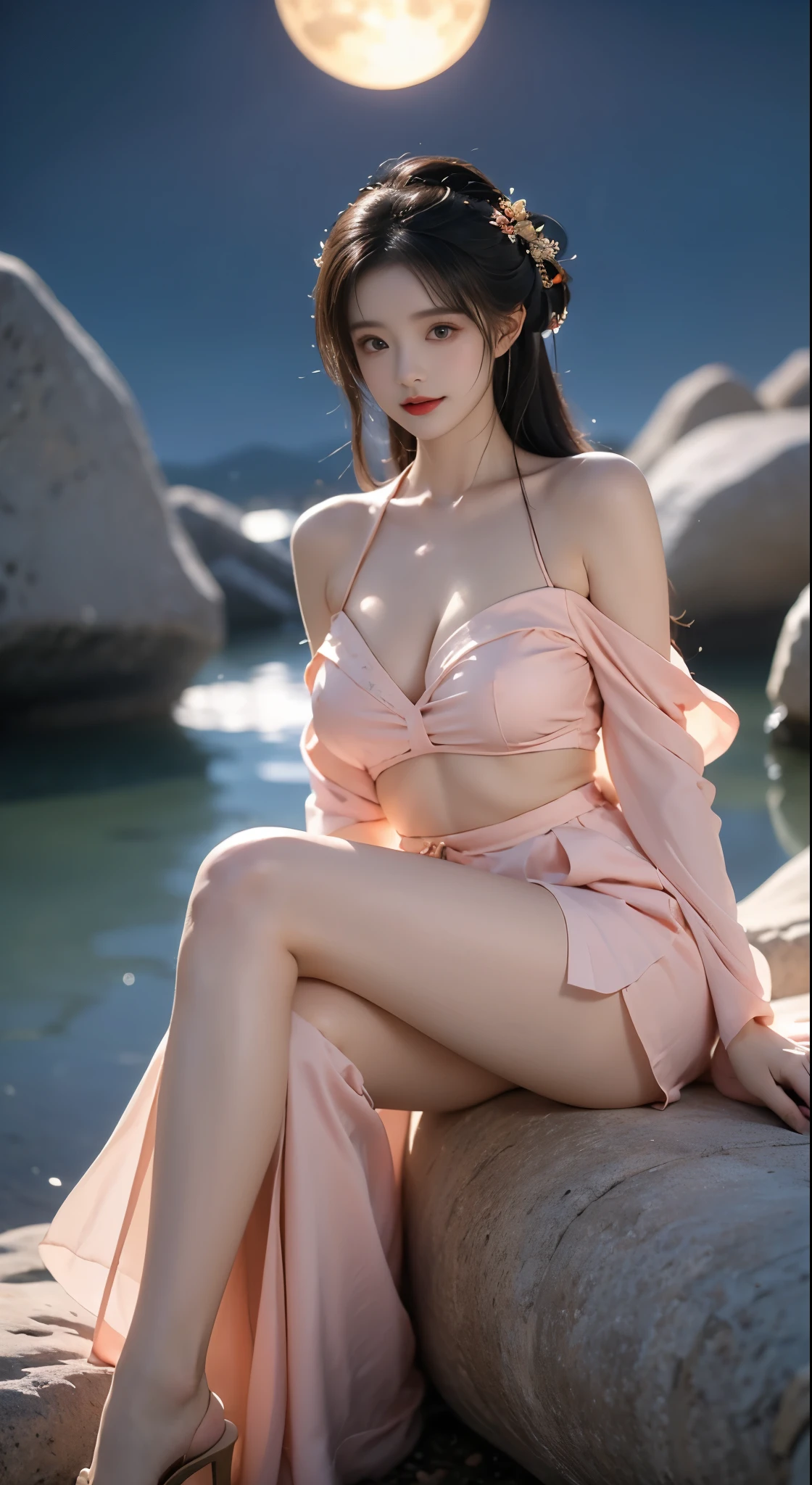 hanfu-song, hanfu, song theme, bandeau, tube top, ((bare shoulders)), ((whole body)), actual, Fashion girl, red lips, mature women, cosmetic, big eyes, beautiful eyes, ((whole body)), ((from below)), (best quality, masterpiece:1.2), super detailed, (actual:1.37), ((Sexy long legs)), beautiful, young and energetic, Charming model with, big breasts, split, ((in the mountains, plant, sitting position, Leaning against the rocks)) (exquisite eyes, Detailed lips, extremely exquisite eyes), Show a bright smile, Create stunning girl images, warm color, Extremely high color saturation, official art, Extremely detailed CG unified 8k wallpaper,(high dynamic range :1.4), (cinematic),(pastel colors, The color is dull, soothing tone :1.3), (natural skin texture, ultra-actual, soft light, sharp),(Very detailed), night, moonlight