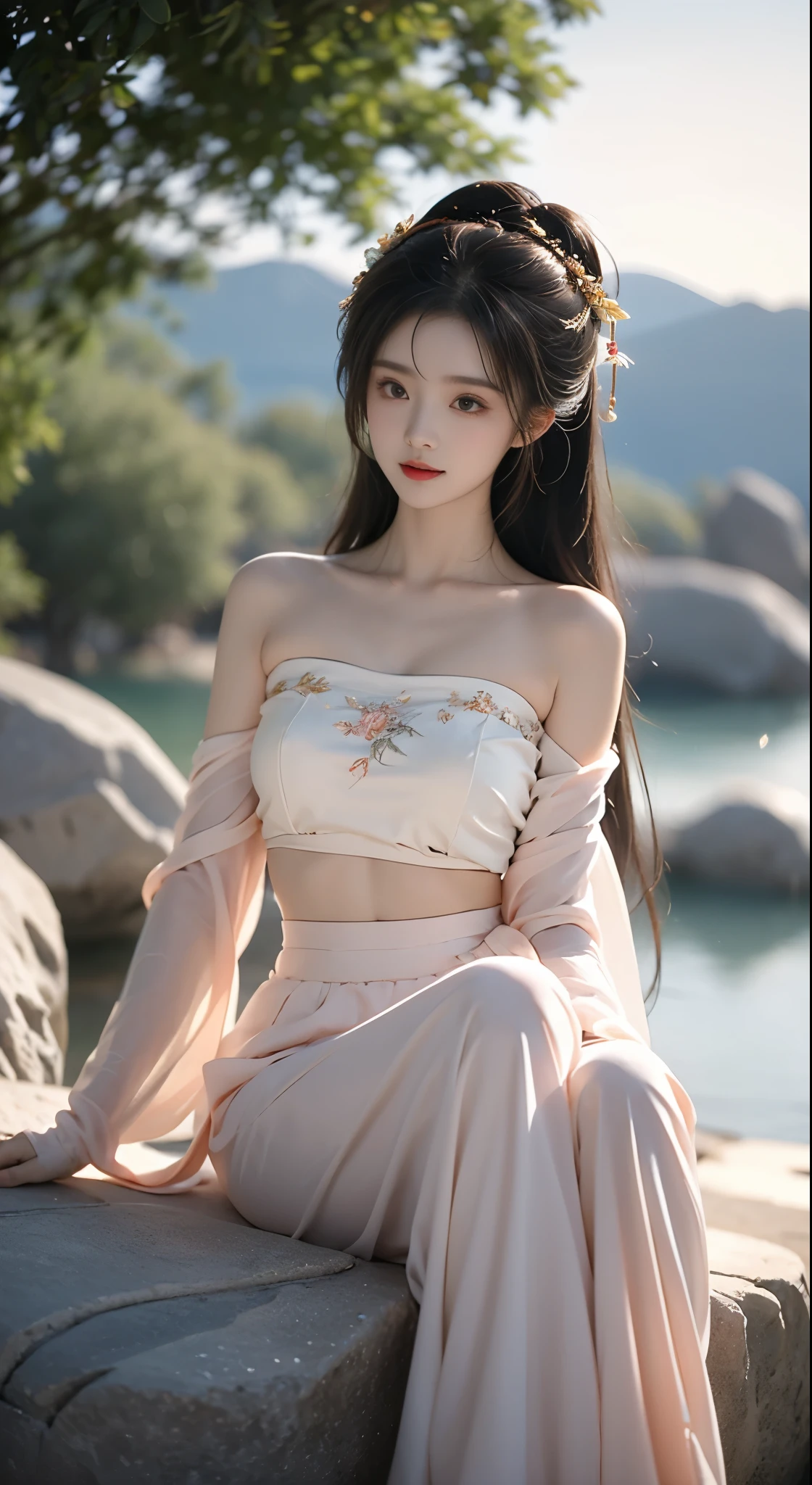 hanfu-song, hanfu, song theme, bandeau, tube top, ((bare shoulders)), ((whole body)), actual, Fashion girl, red lips, mature women, cosmetic, big eyes, beautiful eyes, ((whole body)), ((from below)), (best quality, masterpiece:1.2), super detailed, (actual:1.37), ((Sexy long legs)), beautiful, young and energetic, Charming model with, big breasts, split, ((in the mountains, plant, sitting position, Leaning against the rocks)) (exquisite eyes, Detailed lips, extremely exquisite eyes), Show a bright smile, Create stunning girl images, warm color, Extremely high color saturation, official art, Extremely detailed CG unified 8k wallpaper,(high dynamic range :1.4), (cinematic),(pastel colors, The color is dull, soothing tone :1.3), (natural skin texture, ultra-actual, soft light, sharp),(Very detailed), night, moonlight