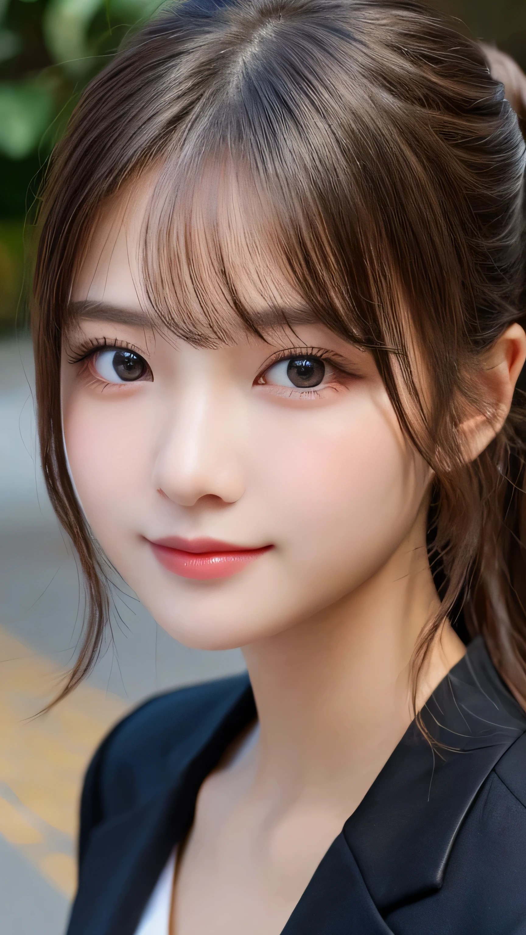 highest quality, shape, Super detailed, finely, High resolution, 8k wallpaper, 完璧なダイナミックな構shape, beautiful and detailed eyes, medium hair, small breasts, natural color lip,Body facing towards the camera,A firm expression that is full of your personality,smile,20 year old girl、beautiful and detailed face、perfect and beautiful face,Big eyes、RAW photo、beautiful and detailed eyes、small face、beautiful duplex、slim face and style,Black jacket suit、beautiful golden ratio face,ponytail hair
