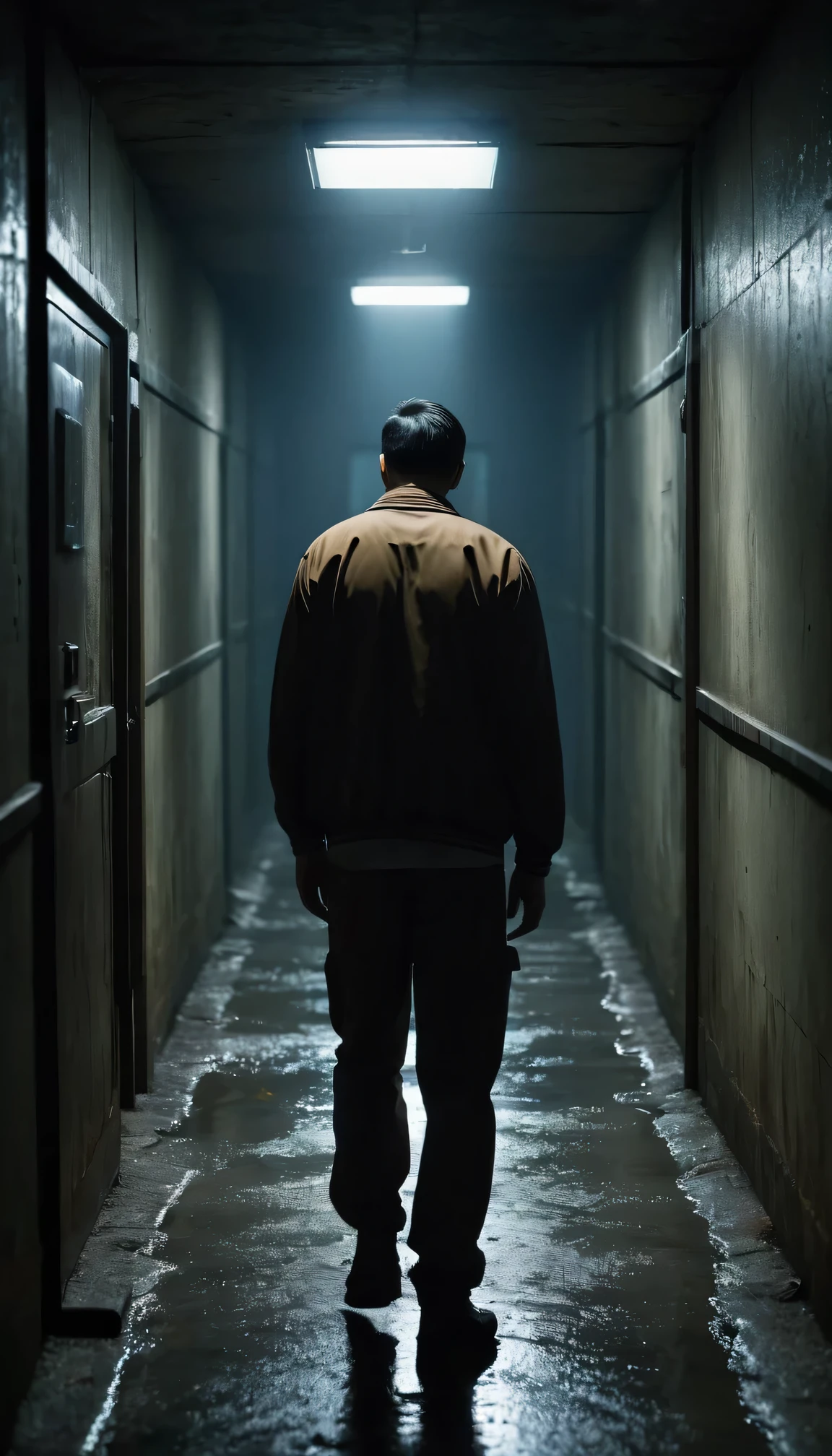 (best quality,4k,8k,masterpiece:1.2),super detailed,(lifelike,照片lifelike,Photos are real:1.37),Tyndall effect,dark atmosphere,night,imprisonment,Hidden emotions,despaight for survival,dramatic lighting,Mixed emotions,nervous,Poor prison conditions,In sharp contrast,depressed,anxiety,narrow corridor,unyielding,