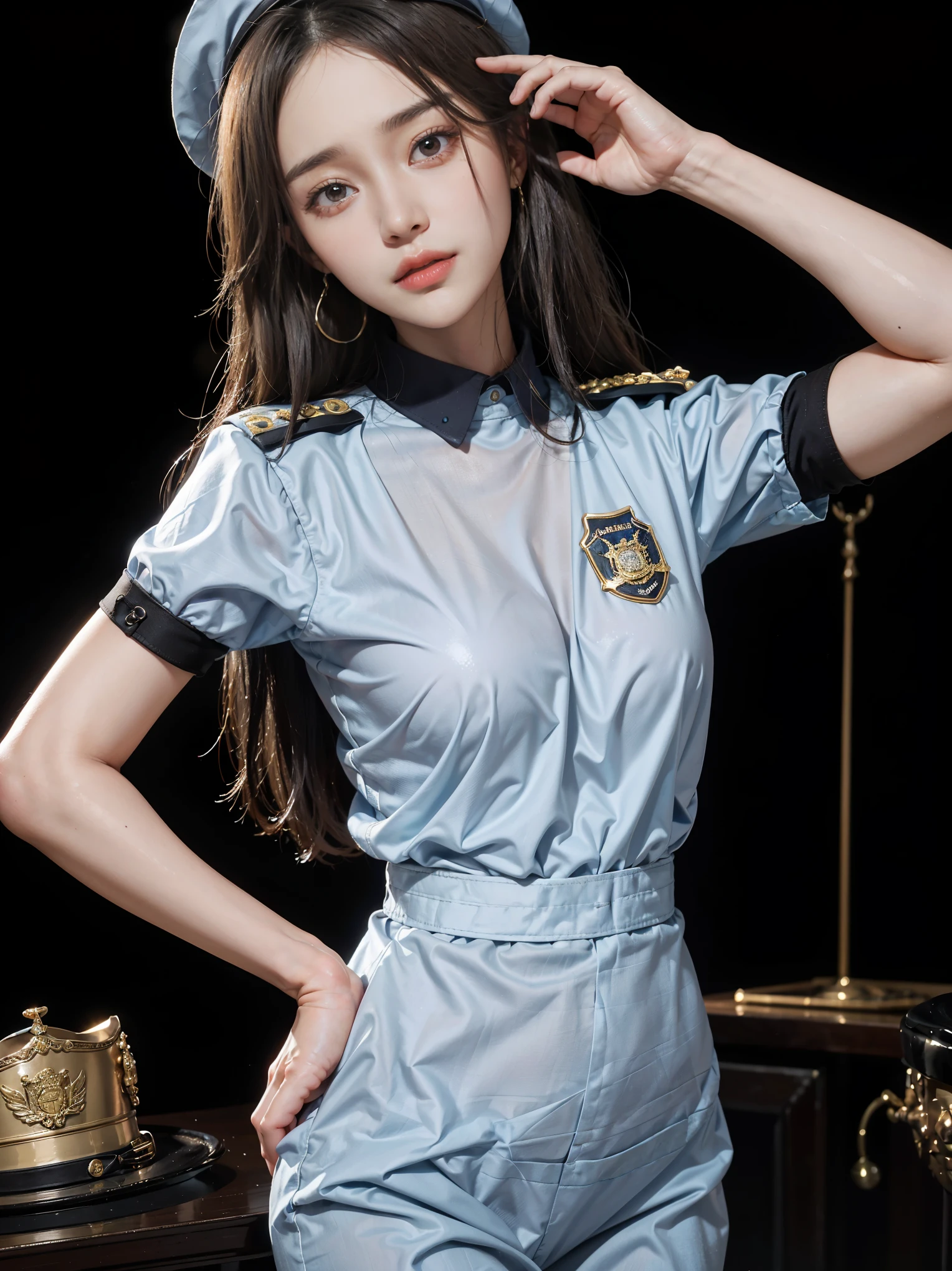 simple background, (Wearing a policewoman&#39;s uniform and hat: 1.4), good hand, 4k, High resolution, masterpiece, highest quality, head: 1.3, ((Hasselblad Photos)), fine skin, clear focus, (cineminic lighting), soft lighting, dynamic angle, [:( detailed face: 1.2): 0.2], medium chest, chest, (((inside the mansion))), (chest元露出: 1.3), 1 girl, jewelry, earrings, orange_null, 一人in, mole, length_hair, mole_Down_eye, upper_body, gray_eyes, looking for_in_viewer,, brunette, fashion, (head tilt: 1.4), simple background, red background,