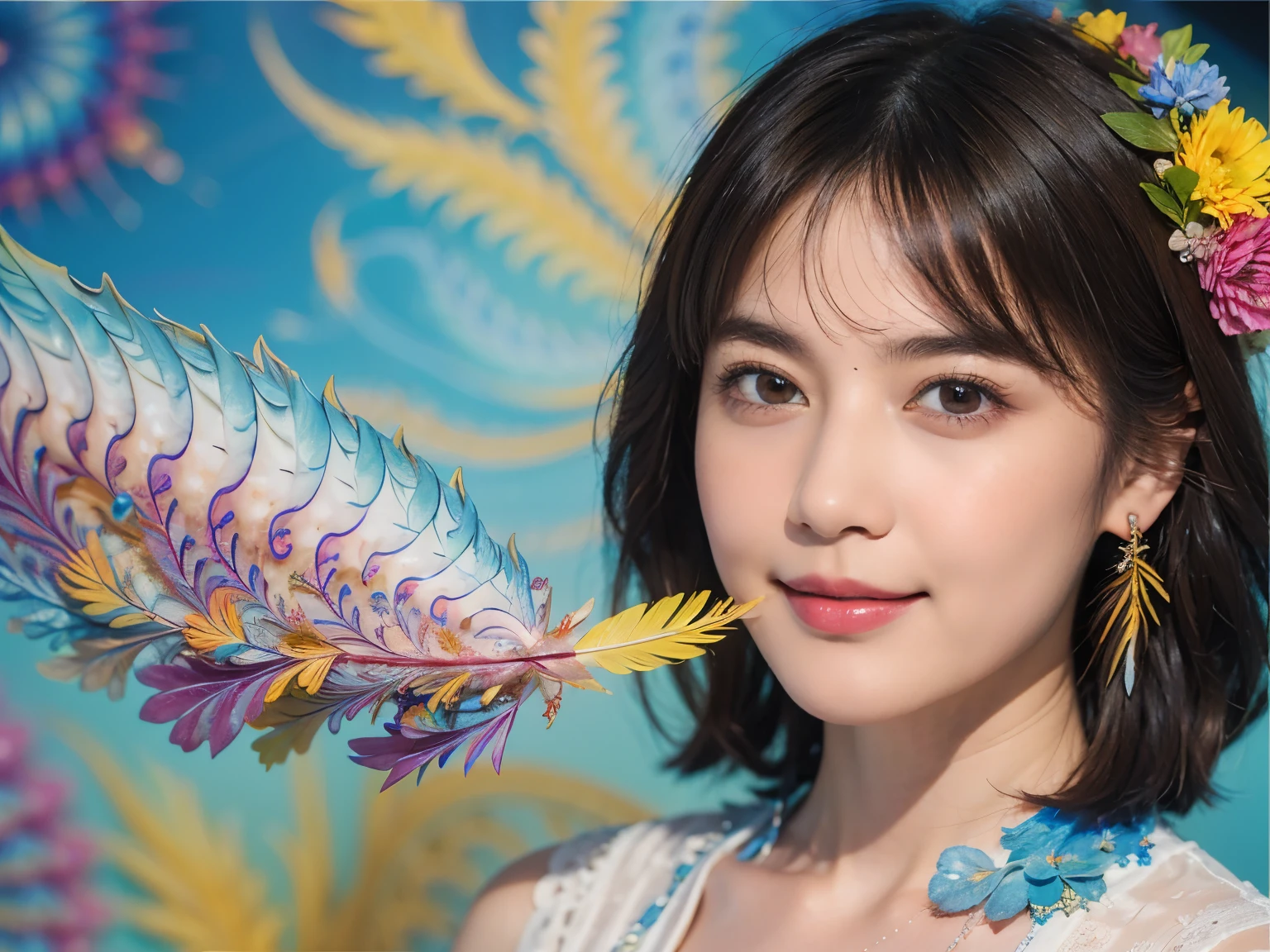173
Shorthair, a 20 yo woman, gentle smile, colorful flowers, feather, (fractal art:1.46)