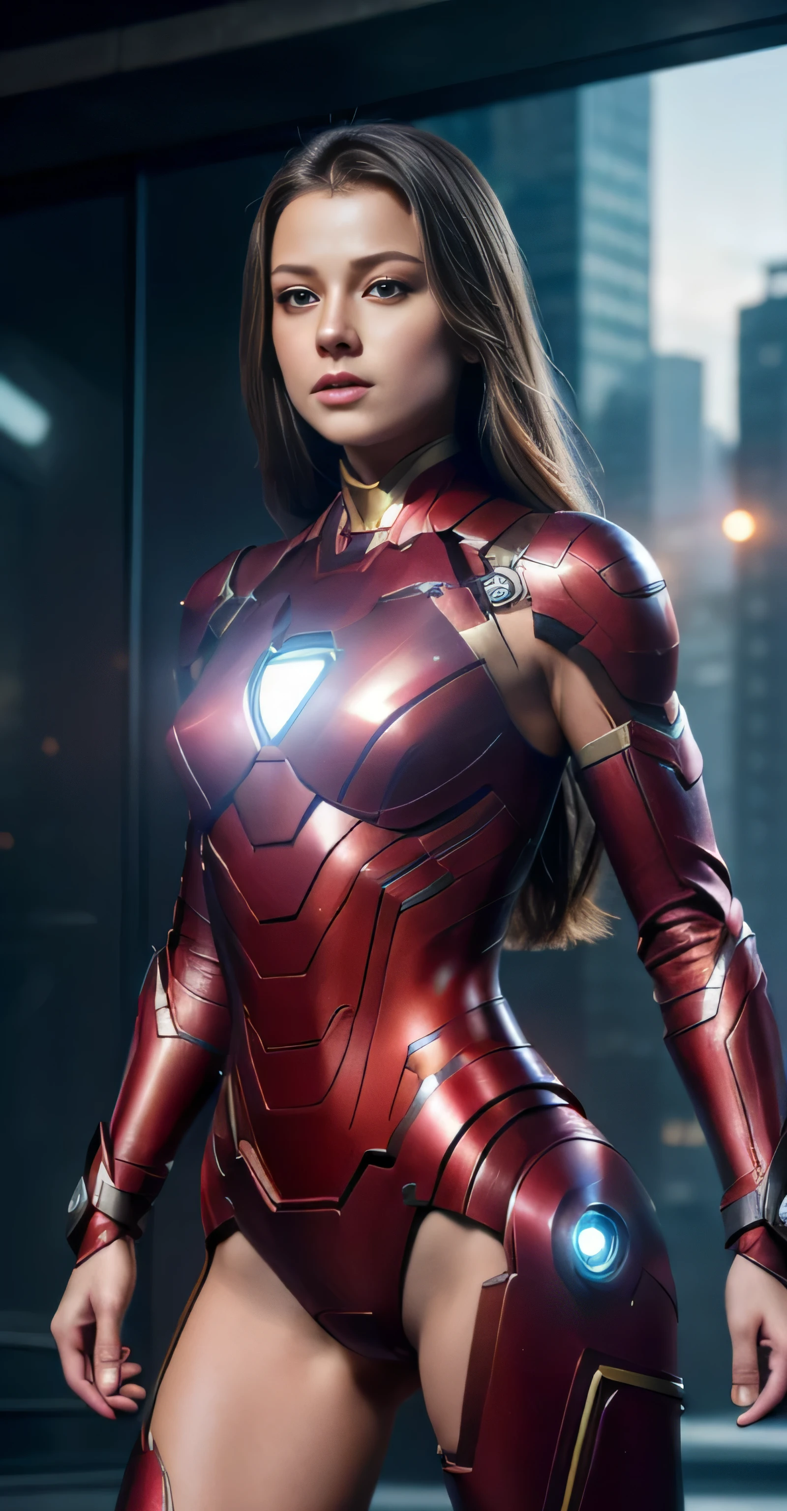 ((masterpiece, 8K, 3D, Realistic, Super Detail)), (1girl:1.3), slender 17 age, Ultra Micro photography, Super realistic, Perfect face, Beautiful features, ((Perfect female body)) Beautiful features, ( body), ((small hip)), Melissa Benoist as Ironman Armor ((Exposed thigh)), Exposed Skin, Front Full body Shot, full body portrait, futuristic city background