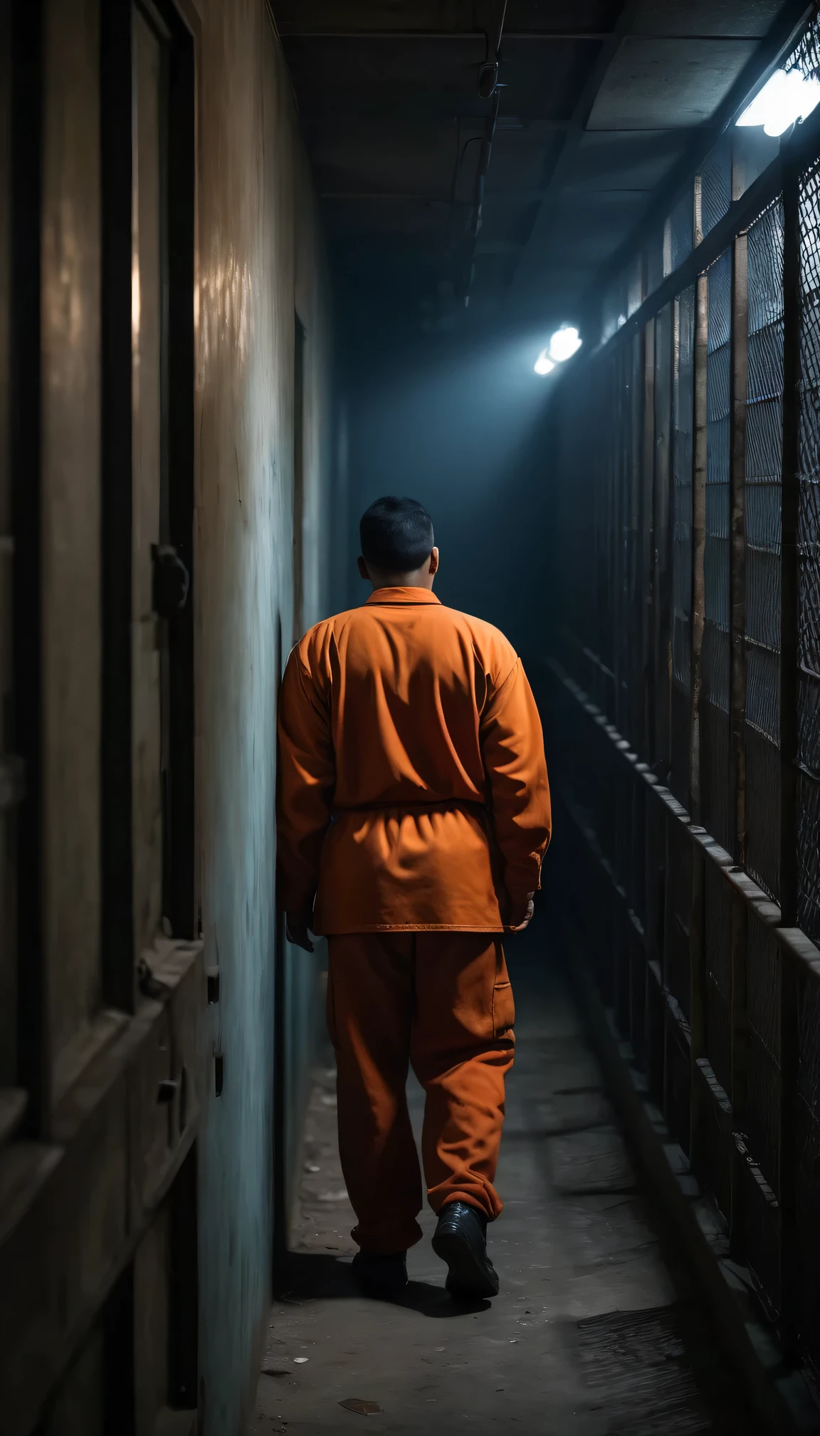 (best quality,4k,8k,masterpiece:1.2),super detailed,(lifelike,照片lifelike,Photos are real:1.37),jailbreak,Tyndall effect,dark atmosphere,night,imprisonment,Hidden emotions,despaight for survival,dramatic lighting,Mixed emotions,nervous,Poor prison conditions,In sharp contrast,depressed,anxiety,narrow corridor,unyielding