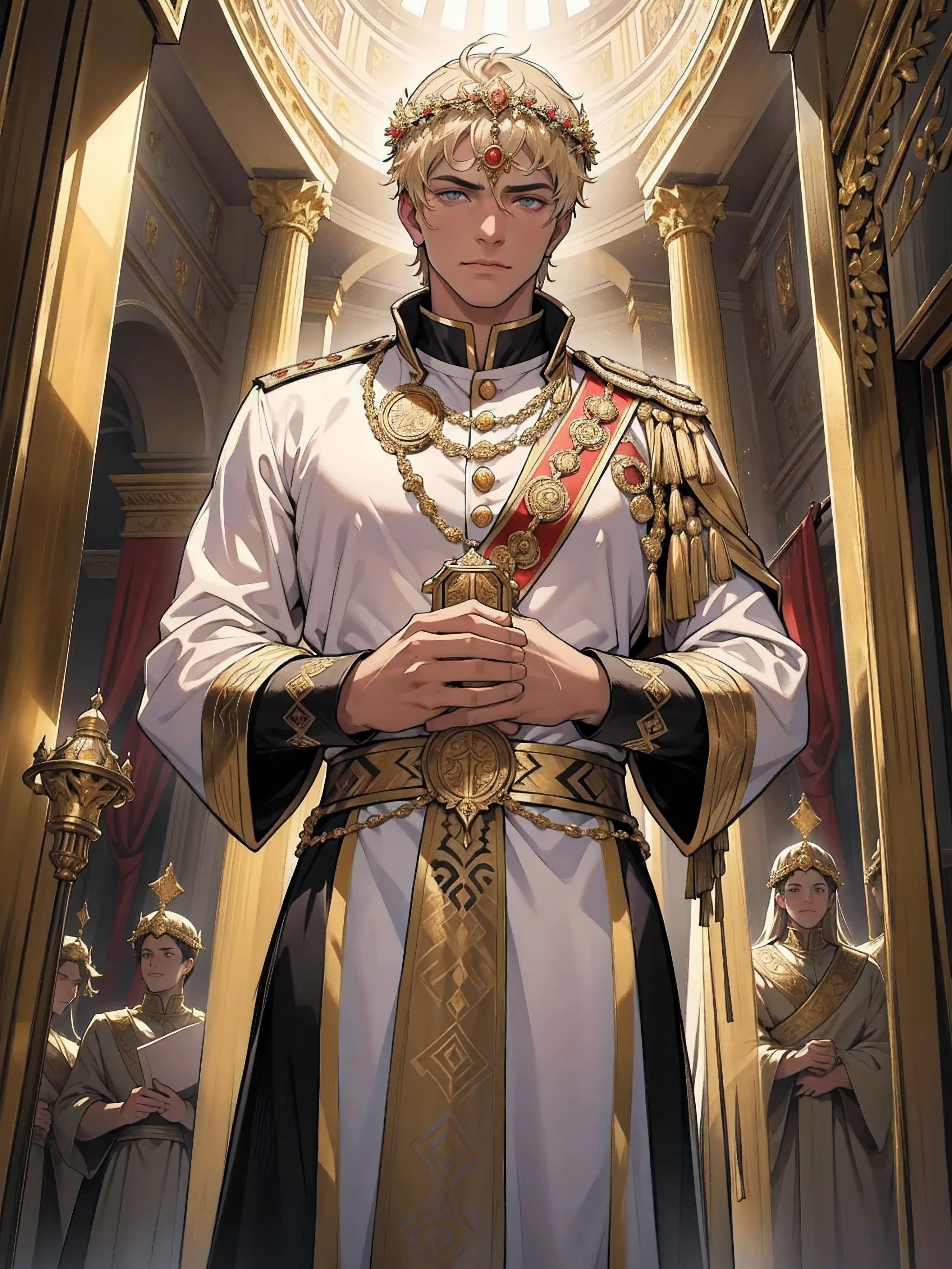 (highest quality, High resolution, realistic:1.37)Roman Emperor Constantine the Great,carries a scepter and a golden laurel wreath,in a magnificent marble palace.The palace is decorated with intricate carvings,The walls are covered with beautiful frescoes depicting historical events and divine figures..Marble floors polished to a mirror-like shine,Reflecting the soft light of candlelight.The palace is full of luxurious furnishings and rich tapestries。,signifies the wealth and power of the emperor.Sunlight streams in through the large windows,Cast a warm golden color to the scene. The emperor is a temple々Todo々standing with, A hall to display his authority々wearing a fancy costume.he、Hall decorated with gold thread and intricate embroidery々He is wearing a bright purple cloak.。. his eyes are sharp、full of wisdom, His gaze exudes confidence and determination.. The scepter in his hand represents his authority and power, on the other hand、A golden laurel wreath symbolizes victory and victory.in the background, The palace is crowded with servants and courtiers., Each person is enthusiastic about their job.. The air is filled with the scent of incense, Create an atmosphere of respect and grandeur. This masterpiece is、Capturing the splendor of the Roman Empire at its height。, Discover the splendor and luxury associated with the reign of Constantine the Great。.