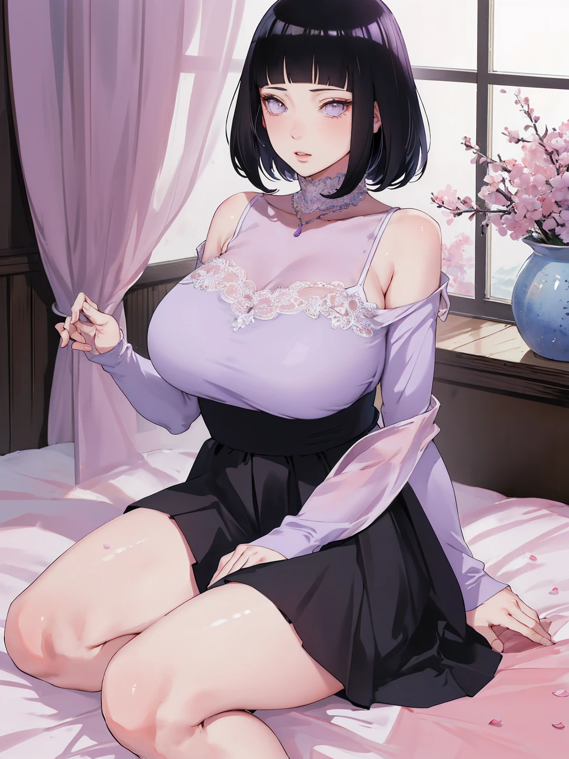{ - anatomy error} (Masterpiece - Ultra-detailed, very high resolution) (huge titusty, masterpiece, absurdres, hinata\(boruto\), 1girl, solo,mature female, off-shoulder bra, high waist black short skirt, looking at viewelling petals), perfect composition, detailed lips, big breast, beautiful face, body propotion, blush, (pink lips), short hair, (black hair), purple eyes, soft gaze, super realistic, detailed, photoshoot, realistic face and body, closed mouth, sitting on the bed , lilac eyes, full body, lace clothes, with chin resting on shoulder, perfect fingers