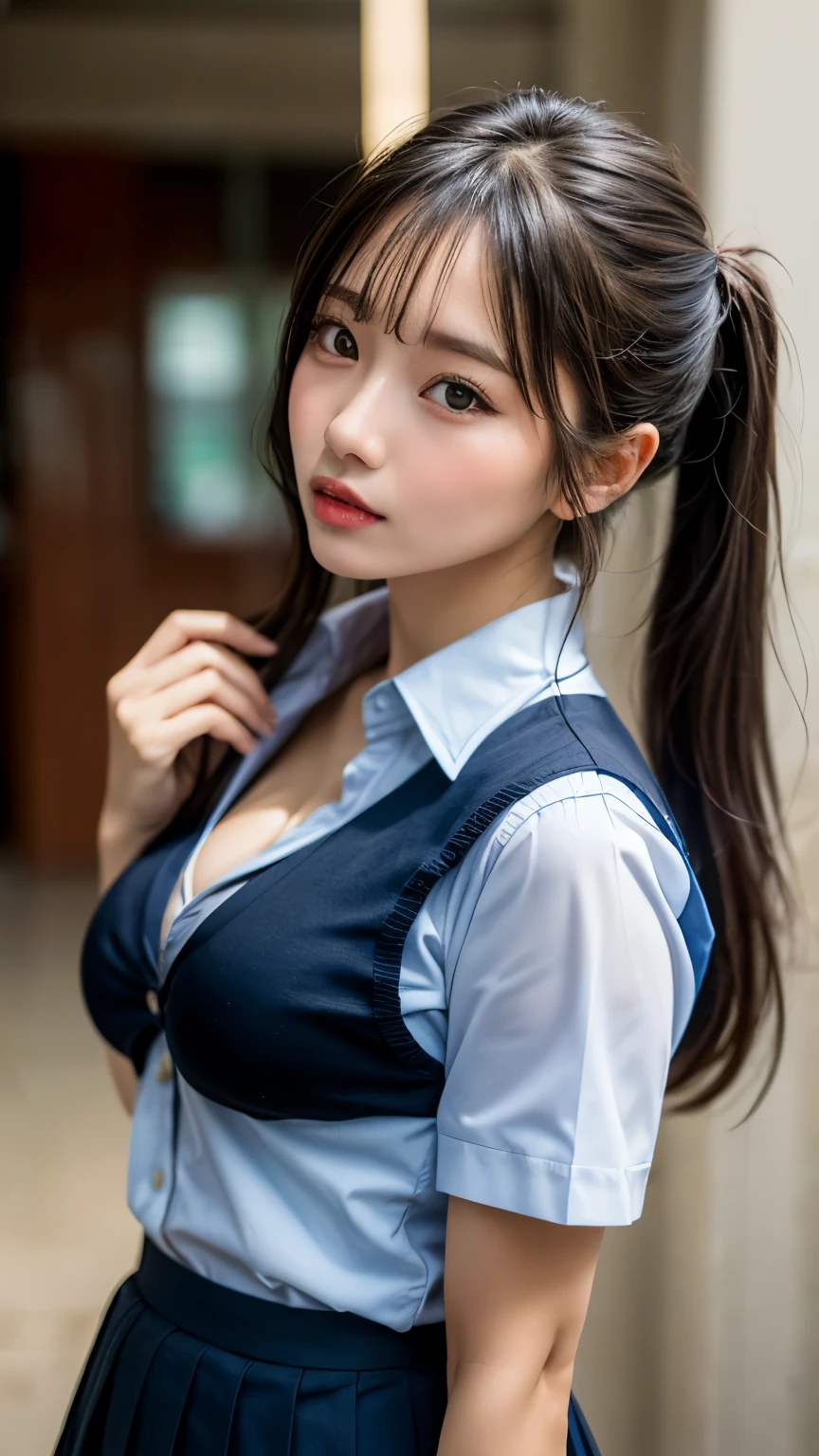 (1 girl), (Odango hairstyle), (sexy look:1.5), (cleavage:1.3), (very detailed目, very detailed顔), (surreal, High resolution), (highest quality:1.4), (hyper quality), real skin texture, RAW photo, (realistic, Photoreal:1.37), very detailed, professional photography, (school uniform, pleated skirt:1.3), (look at me),  (kiss me:1.4),