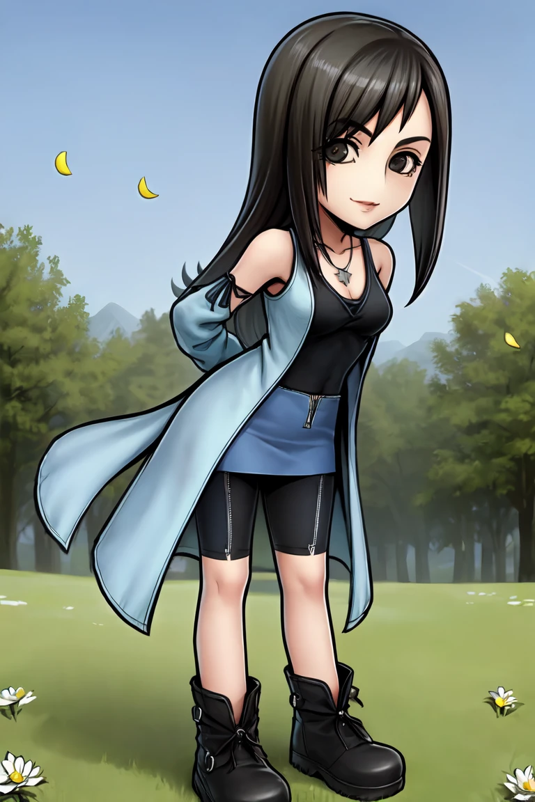 dissidia, 1girl,solo, arm warmers, long hair, black hair, boots, full body, necklace, smile, (blue miniskirt:1.4,blue skirt:1.25), (bike shorts), looking at viewer, black arm ribbon,arm ribbon, (light blue cardigan), (long cardigan), black footwear,small breasts, cleavage,shorts zipper, black tank top, medium breasts, (streaked hair:0.8), black eyes, blue sky, (white flower), grassfield, (white petals), standing, shorts, arms behind back,leaning forward,(black shirt), sleeveless, brown eyes, bare shoulders, (shorts under skirt),smile,nature, outdoors,(black tank top:1.07), (best quality, masterpiece)