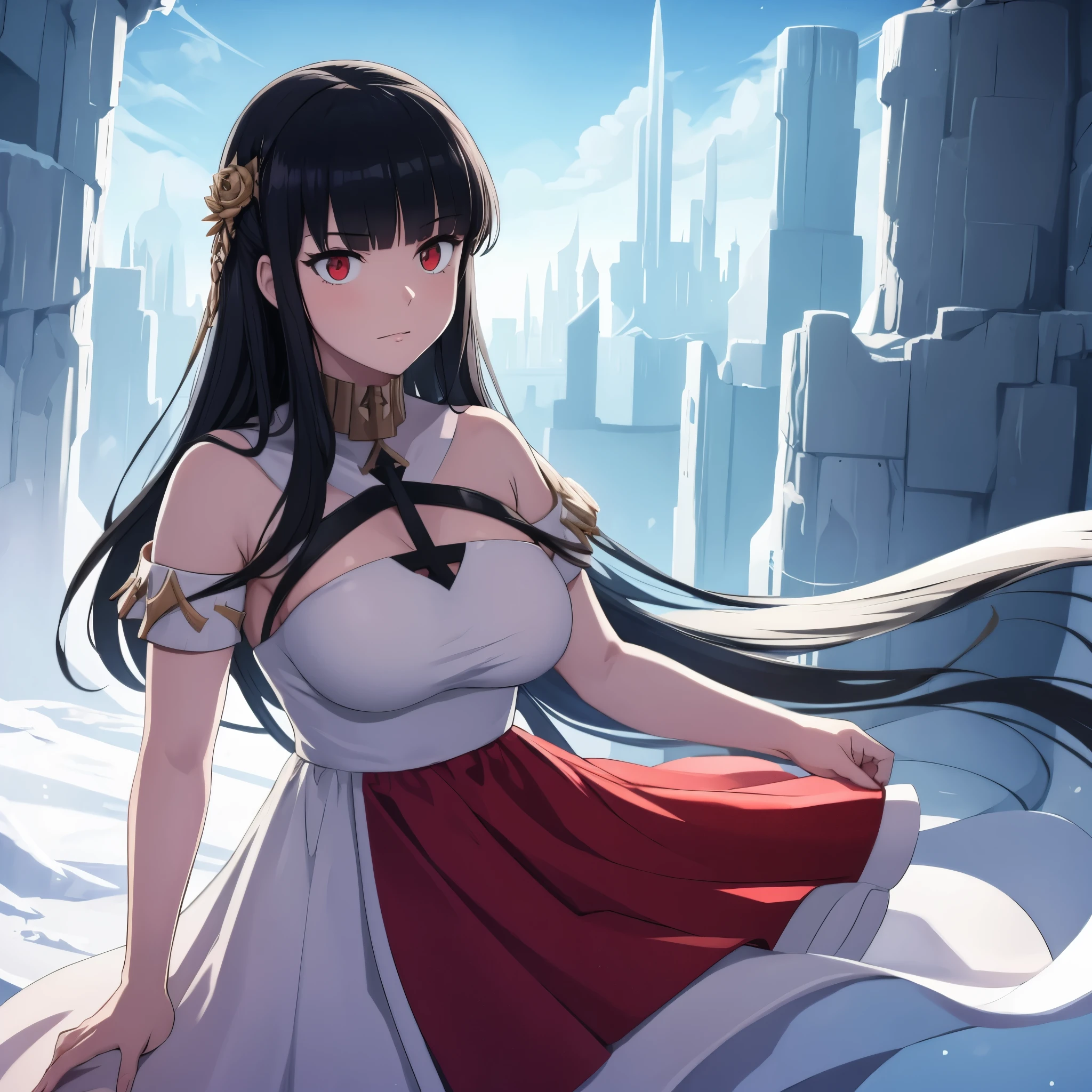 a girl with black hair, red eyes, wearing a cold detailed white dress, outside an ice castle