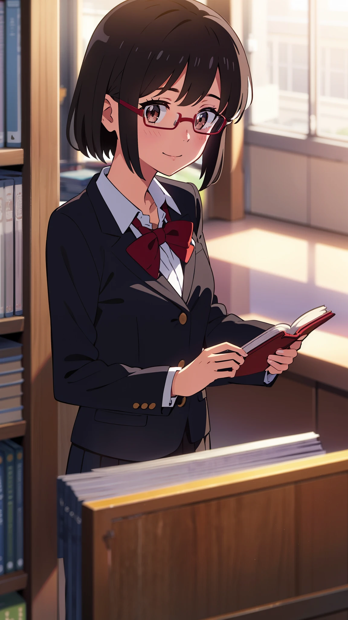shinkai makoto, kimi no na wa., 1girl, bangs, black hair, blush, bright eyes, brown eyes, red headband, red bow, red ribbon, short hair, smile, cute, beautiful, shiny skin, looking at the viewer, solo, happy, blazers, collarbone, long sleeves, skirt, wearing black glasses, bringing a book, at school library