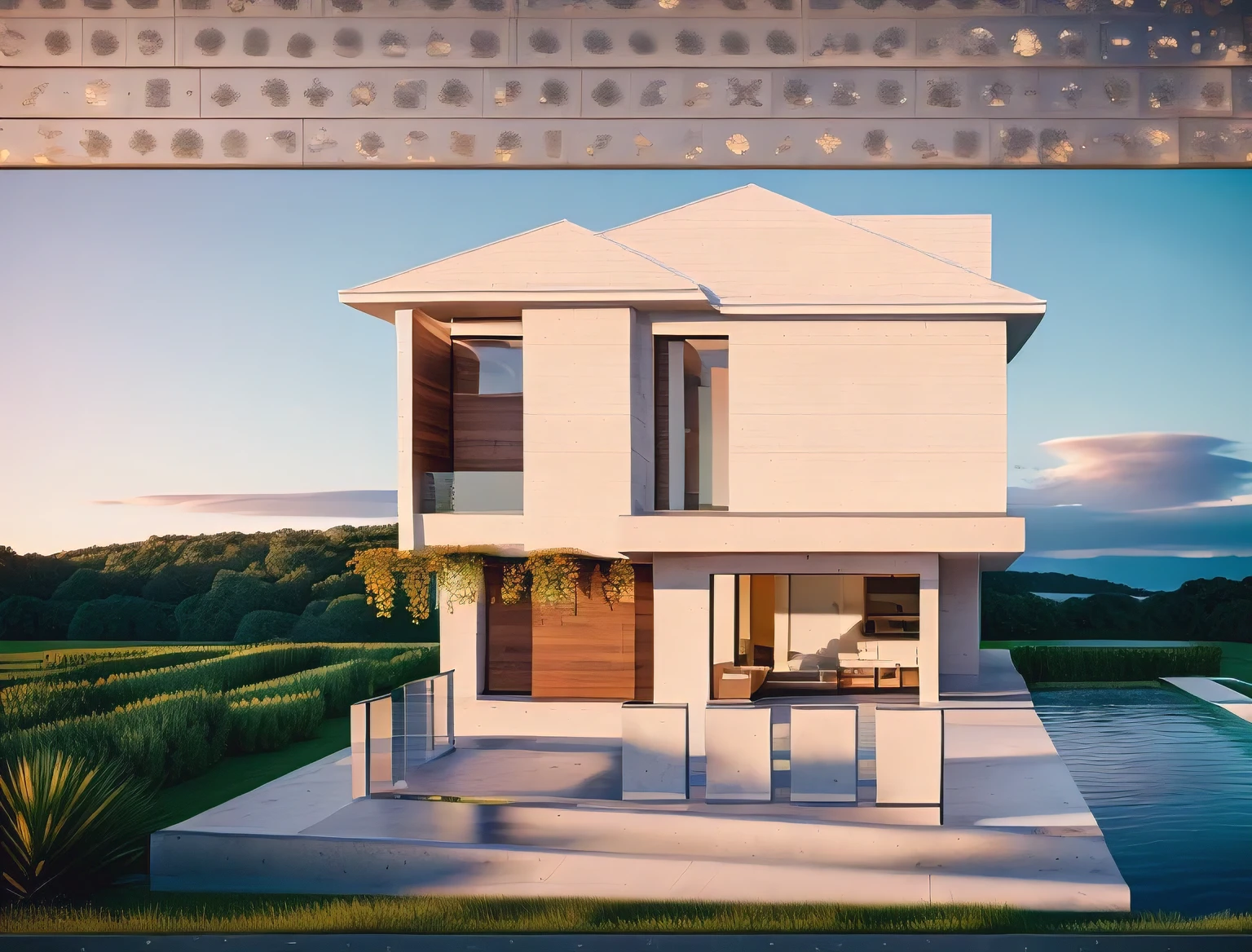 L'exterior of the house; Paysage de jardin, une piscine avec de L'eau cLaire, jour, reaListic, grand angLe, (( rendre vray )), cieL nuageux, matin, SunLight, European pLants, rendre, Lumière du printemps, detaiLed, styLe moderne, image cLaire, Lunettes, high refLection, Photo brute, (high detaiLed skin:1.2), 8k UHD, digitaL SLR, soft Lighting, High quaLity, grain de fiLm, FujifiLm XT3