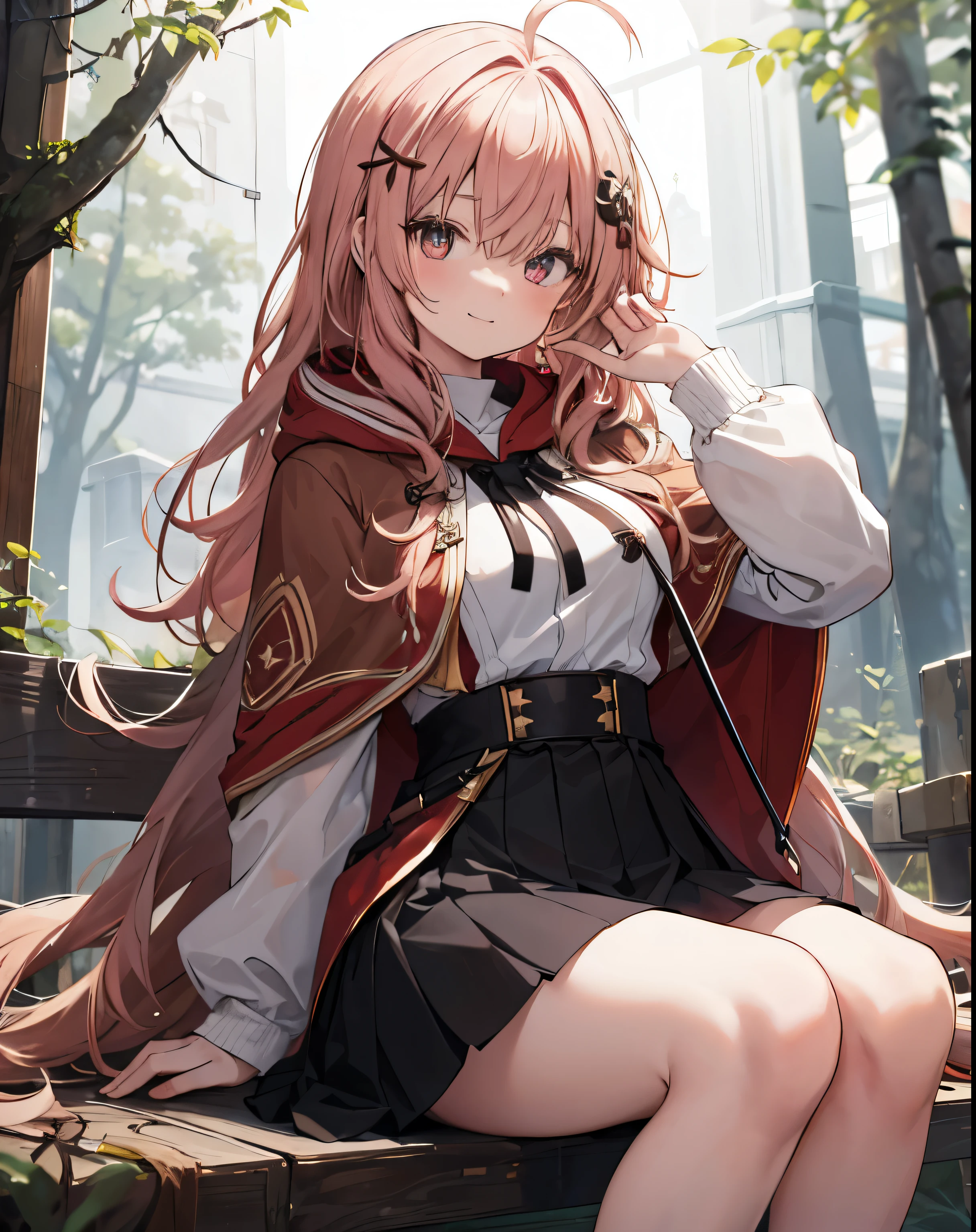 masterpiece,1girl, sparrow, a light red haired girl, wearing a priestess uniform, curly long hair, messy hair, black skirt, slim body, wearing brown capelet with white hoody, medium breasts, she close her left eye, shirt ornament, lolippai, calm expression, beautiful breasts, rounded breasts, crimson eyes, dress, miniskirt, sit at forest, ahoge, she wearing her hoody, smile