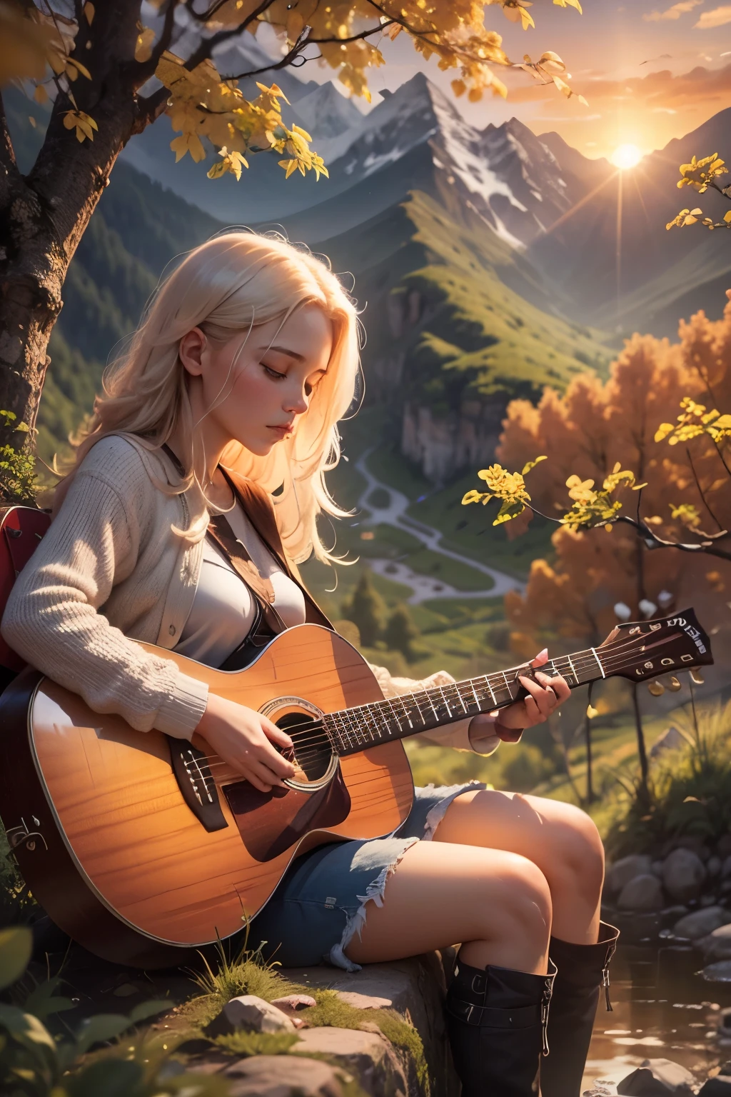 You pick up the guitar and start playing a few notes, hearing the sound resonate in the mountains around you. You feel at peace and in harmony with the nature around you. And as you play, the sun begins to set, bathing the landscape in orange and red hues. It's an unforgettable moment, and you feel grateful to have had the opportunity to witness so much natural beauty. --auto --s2