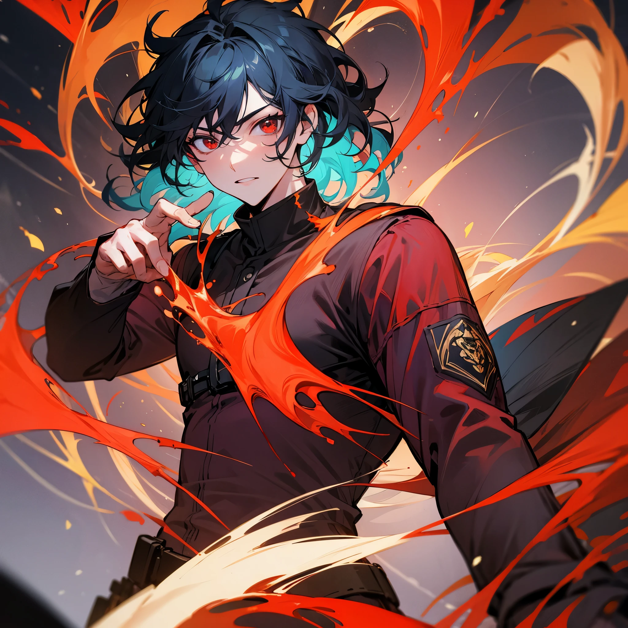 1male, Black Hair , Blue Highlighted Hair , Medium Length Hair,Wavy Hair, Red Eyes , Combat Clothing , Red Clothing , Burning Fire background , Calm Expression , Unique Clothing , Male,Perfect Generation , Masterpiece Quality